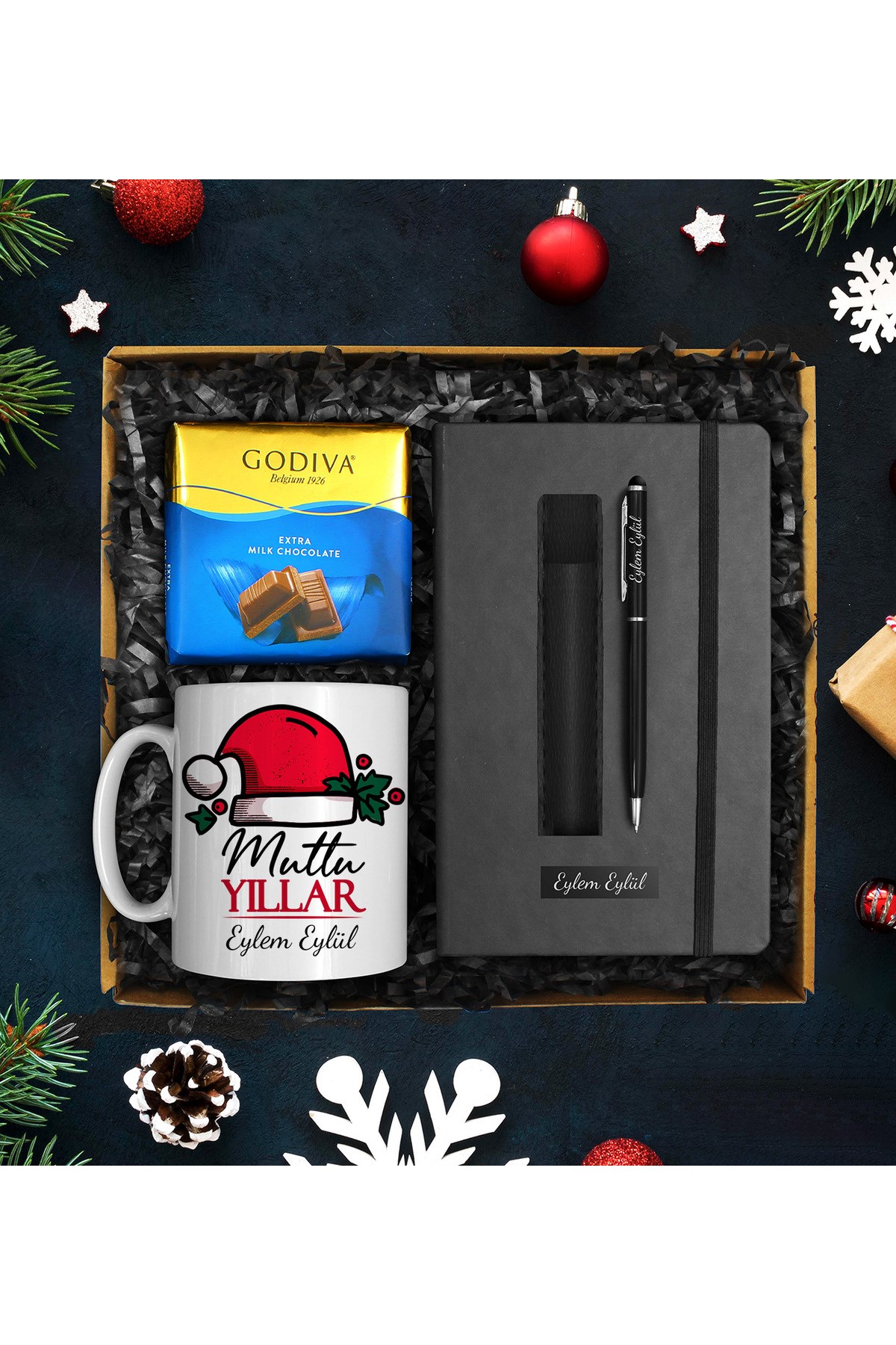 Yılbaşına Özel Kişiye Özel Defter & Tasarım Porselen Kupa & Deri Kılıflı Kalem & Çikolata Seti