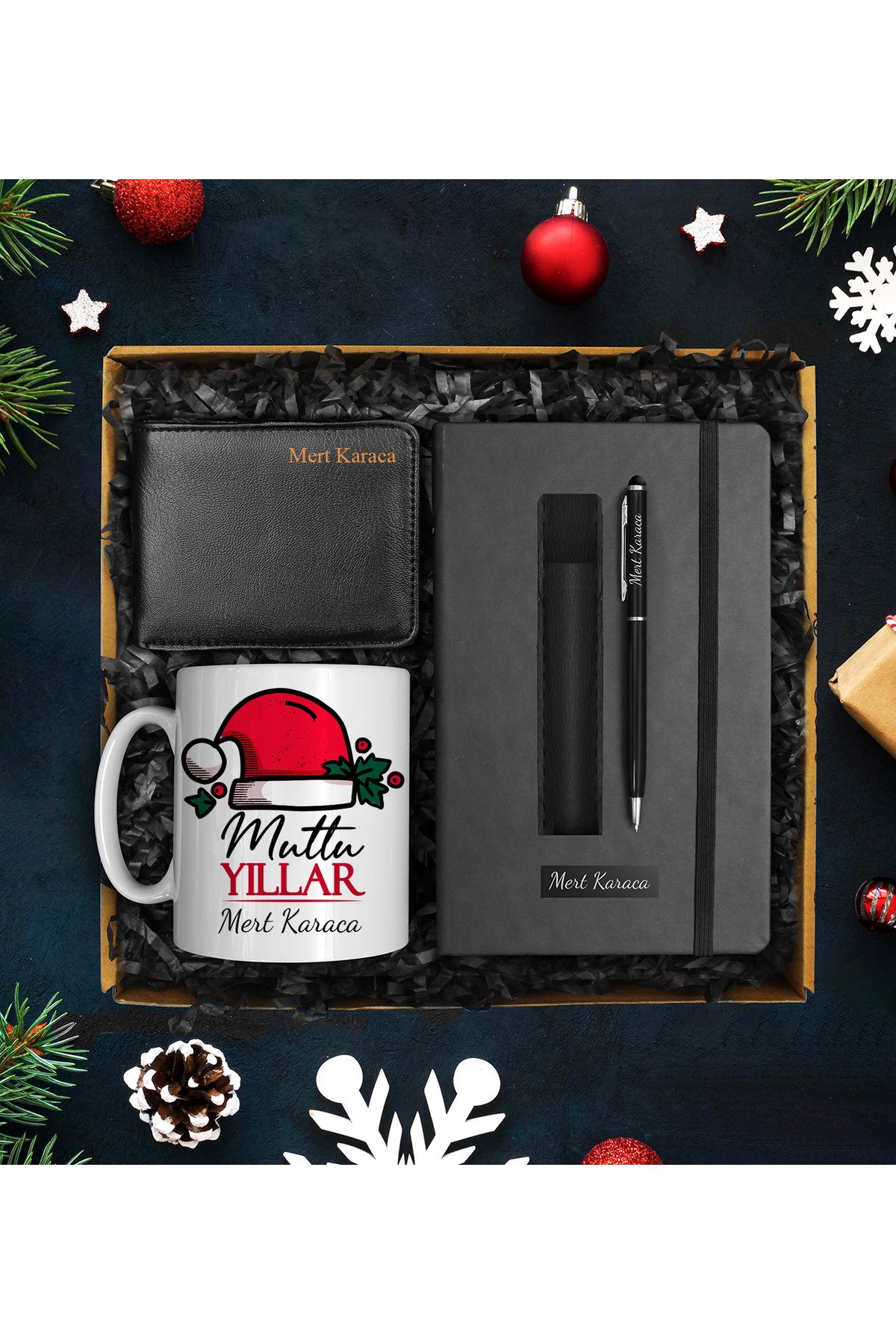 Yılbaşına Özel Kişiye Özel Defter & Tasarım Porselen Kupa & Deri Kılıflı Kalem & Cüzdan Seti