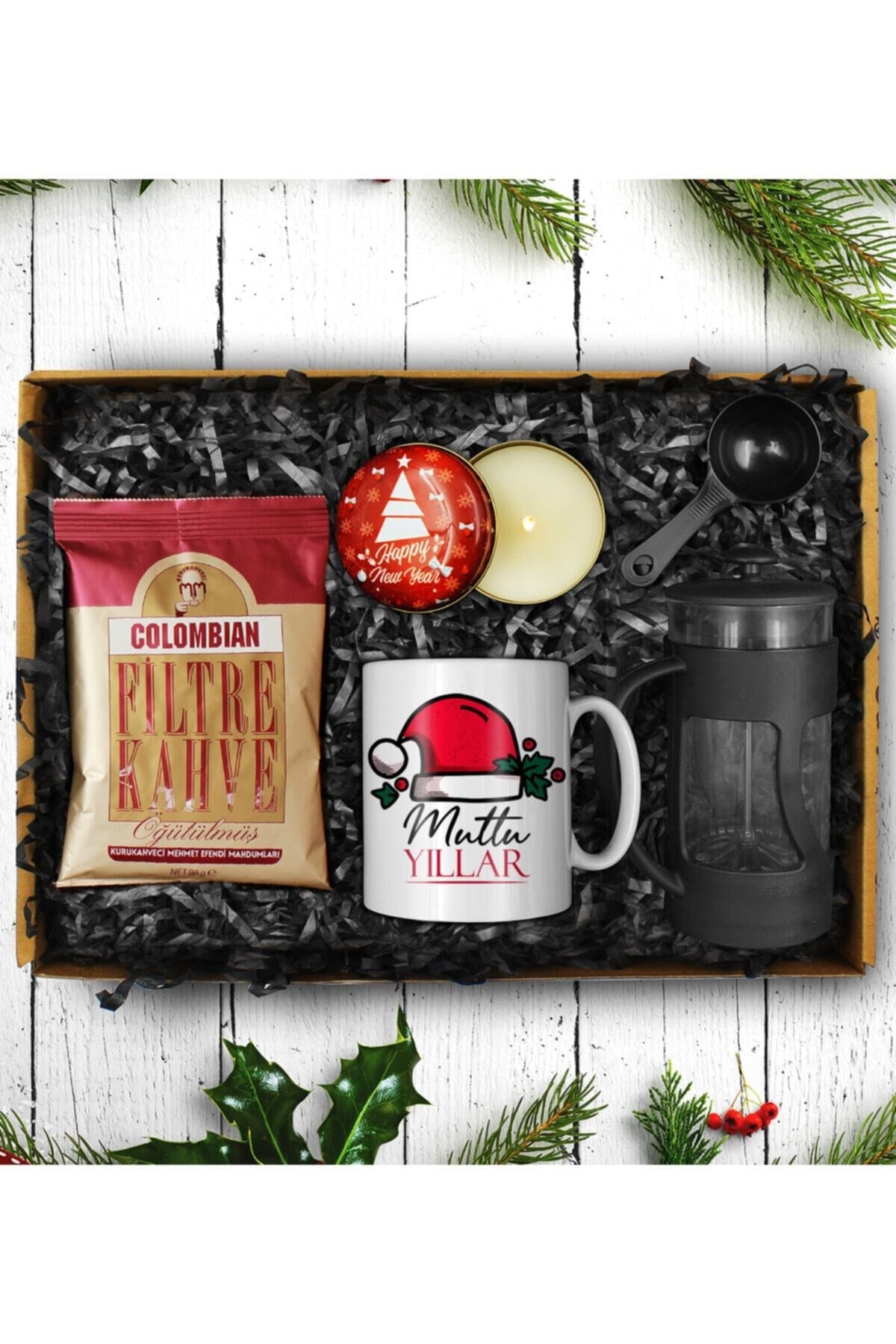 Yılbaşına Özel Mutlu Yıllar Kupası Columbian Filtre Kahve French Press Yılbaşı Mumu