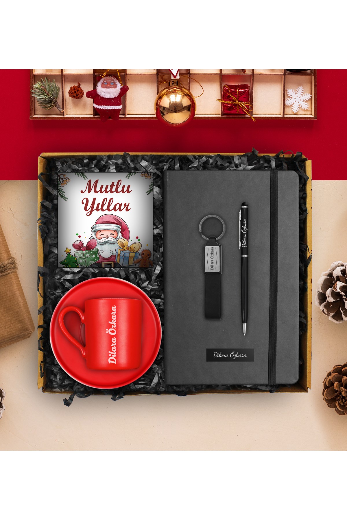 Yılbaşına Özel Tasarım Fincan & Defter & Touch Pen Kalem & Anahtarlık & Yılbaşı Kartı Hediye Seti