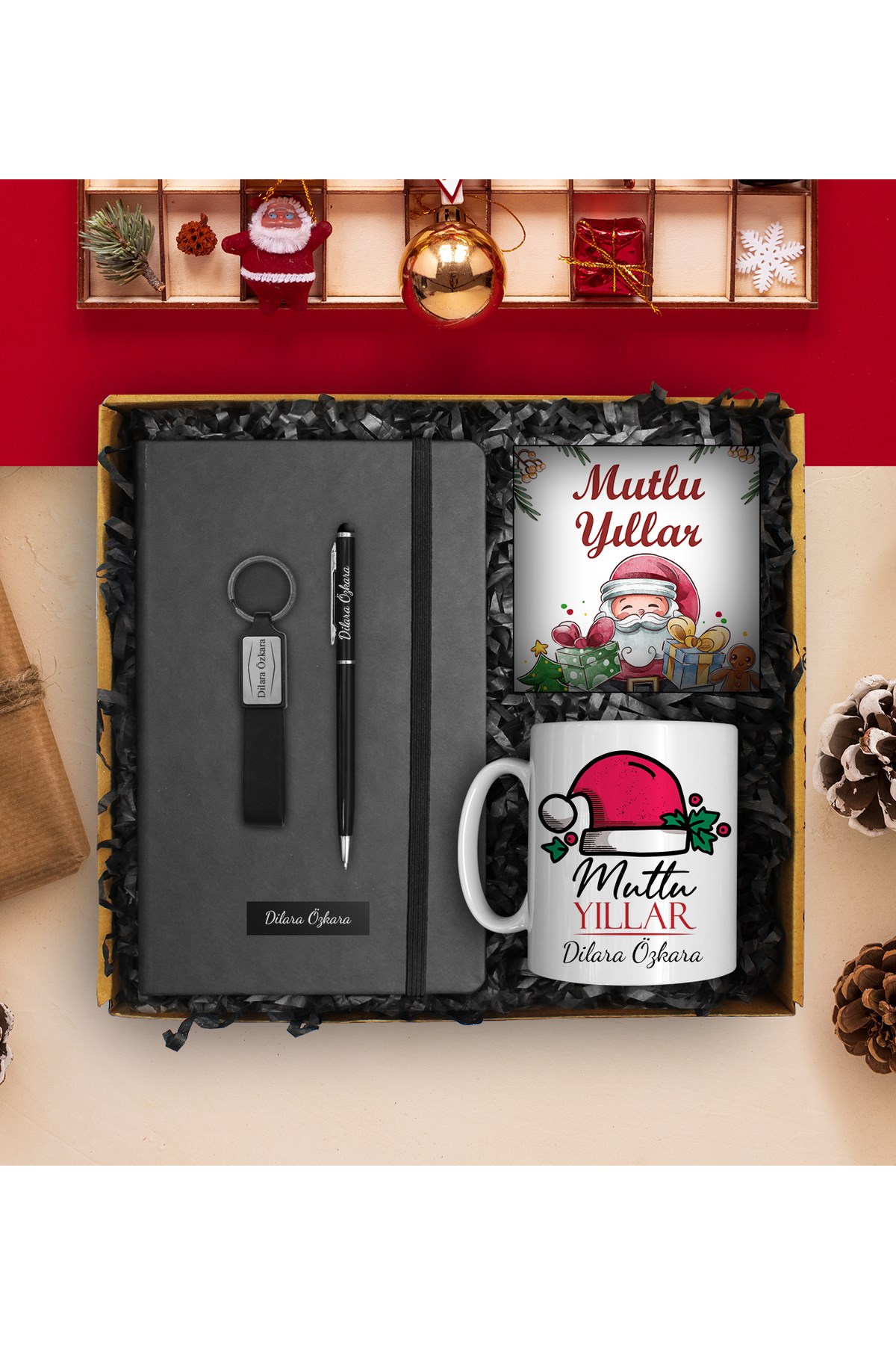 Yılbaşına Özel Tasarım Kupa & Defter & Touch Pen Kalem & Anahtarlık & Yılbaşı Kartı Hediye Seti