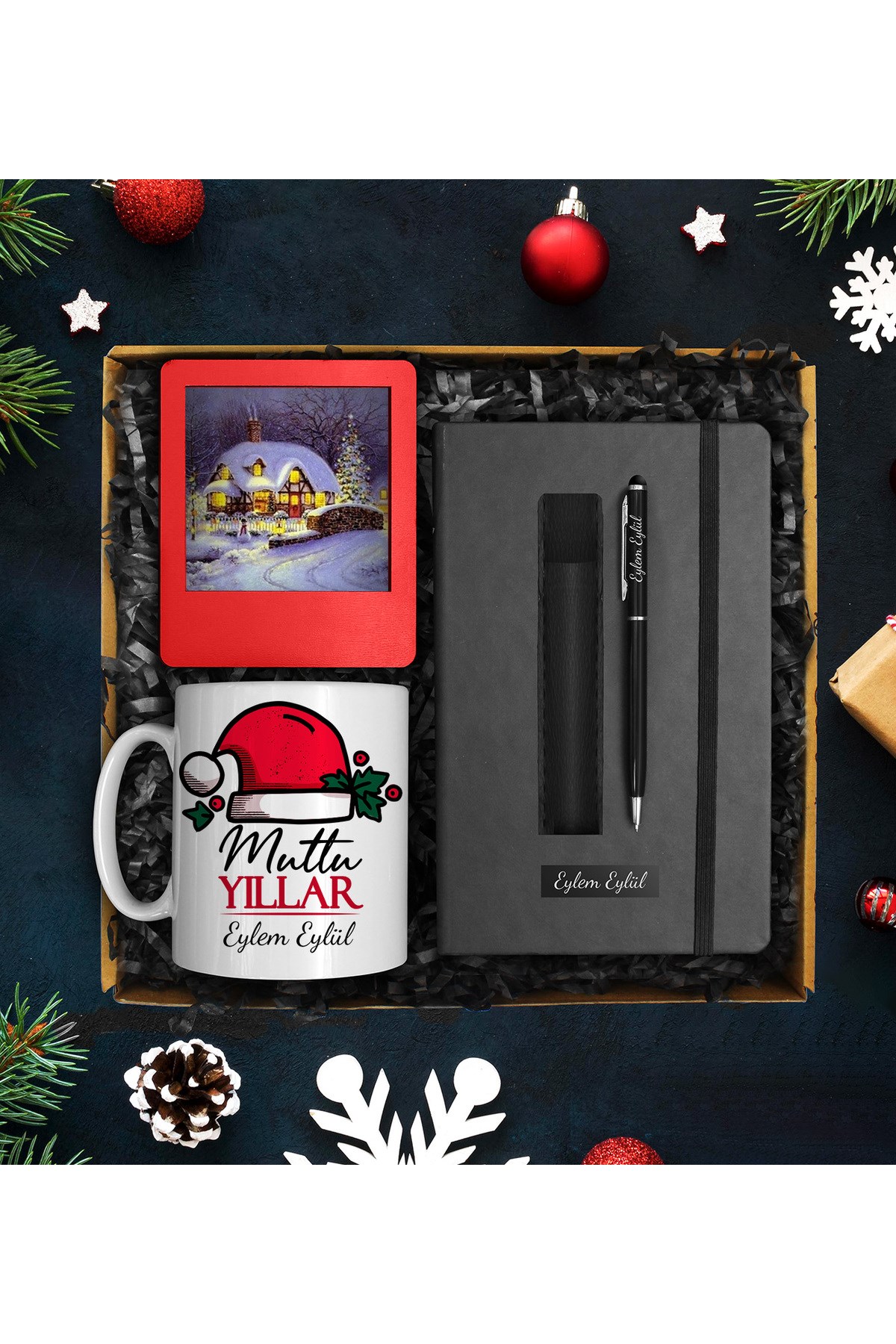 Yılbaşına Özel Tasarım Kupa & Kişiye Özel Defter & Deri Kılıflı Touch Pen Kalem & Çerçeve Seti