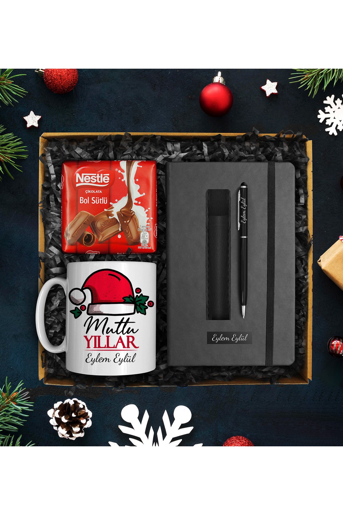 Yılbaşına Özel Tasarım Kupa & Kişiye Özel Defter & Deri Kılıflı Touch Pen Kalem & Çikolata Seti