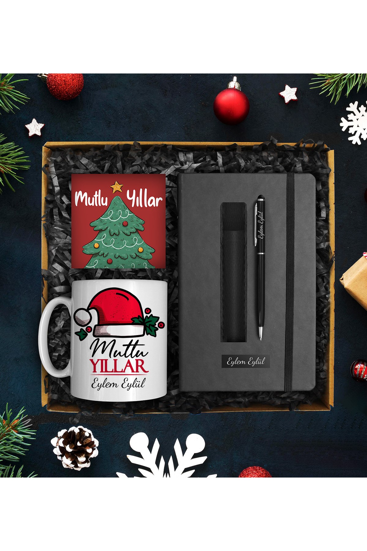 Yılbaşına Özel Tasarım Kupa & Kişiye Özel Defter & Deri Kılıflı Touch Pen Kalem & Yılbaşı Kartı Seti