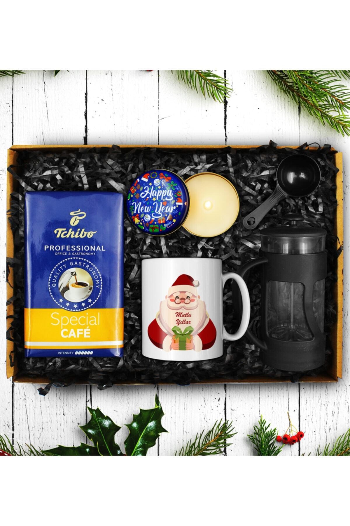 Yılbaşına Özel Tasarım Kupa & Tchibo 250 Gram Filtre Kahve & French Press & Yılbaşı Mumu