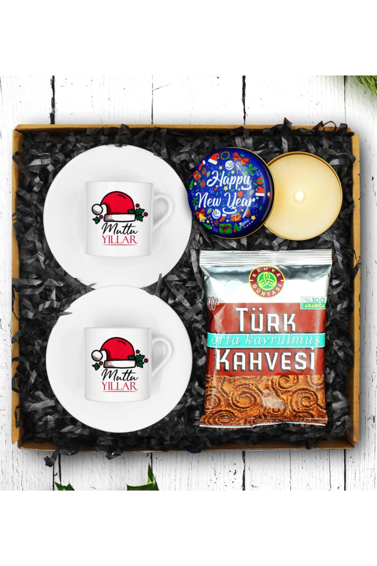 Yılbaşına Özel Tasarım Porselen Fincan  Yılbaşı Mumu Türk Kahvesi