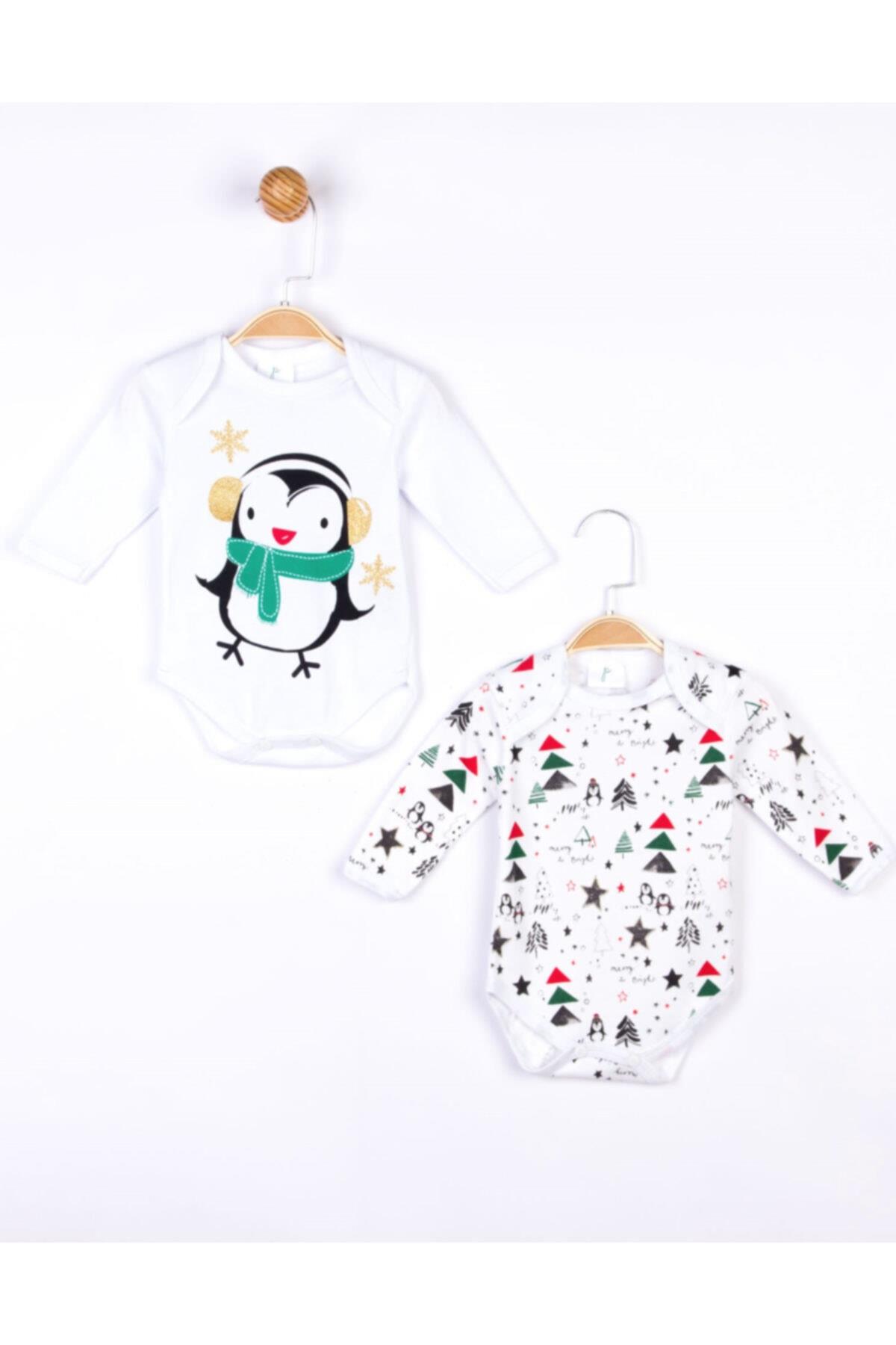 %100 Organik Pamuklu  Simli Bebek Body Set Penguen Kar Desen 2 Li