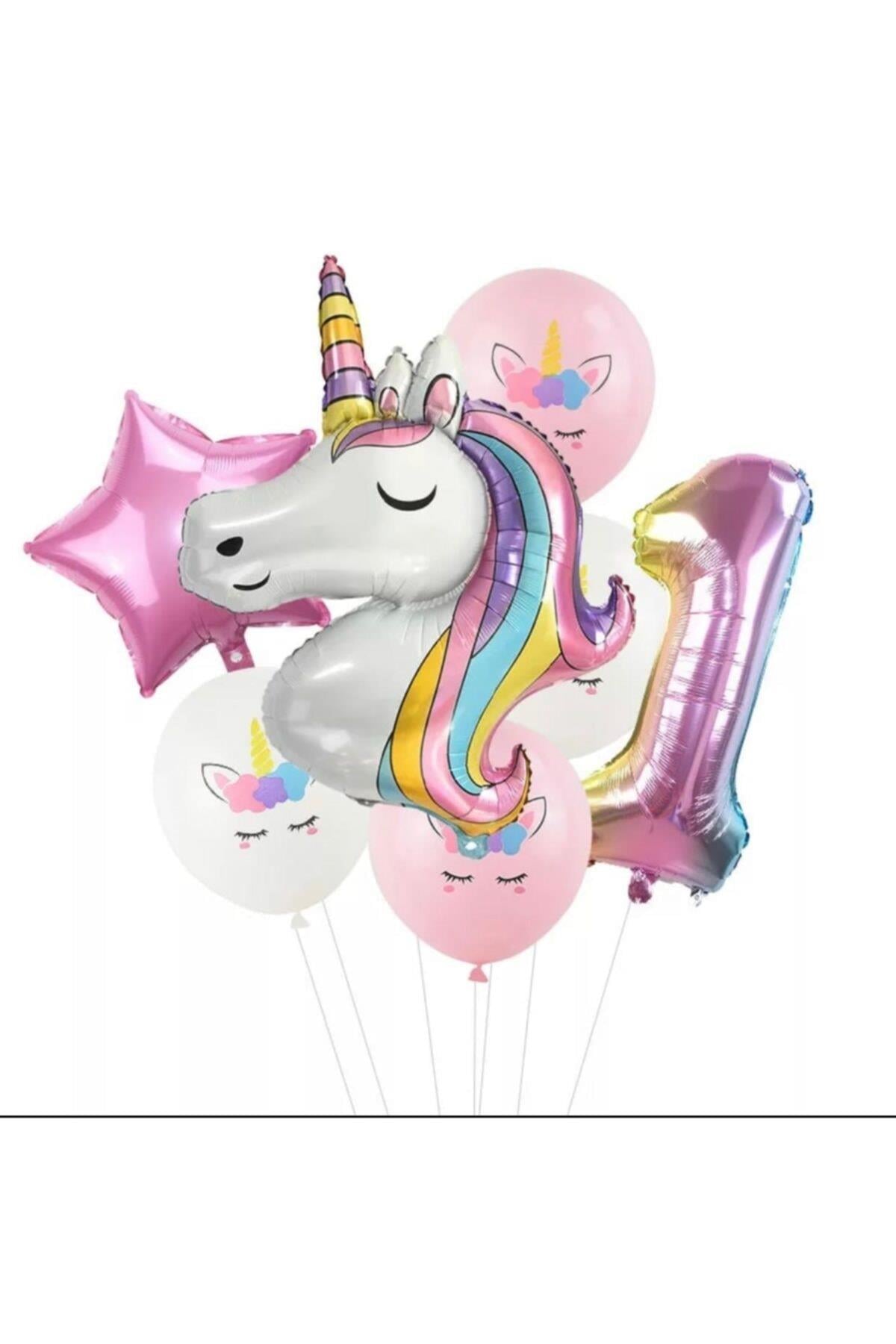 7 Parça Dev Unicorn 1 Yaş Harf Yıldızlı Folyo Balon Seti Doğumgünü Yaşgünü