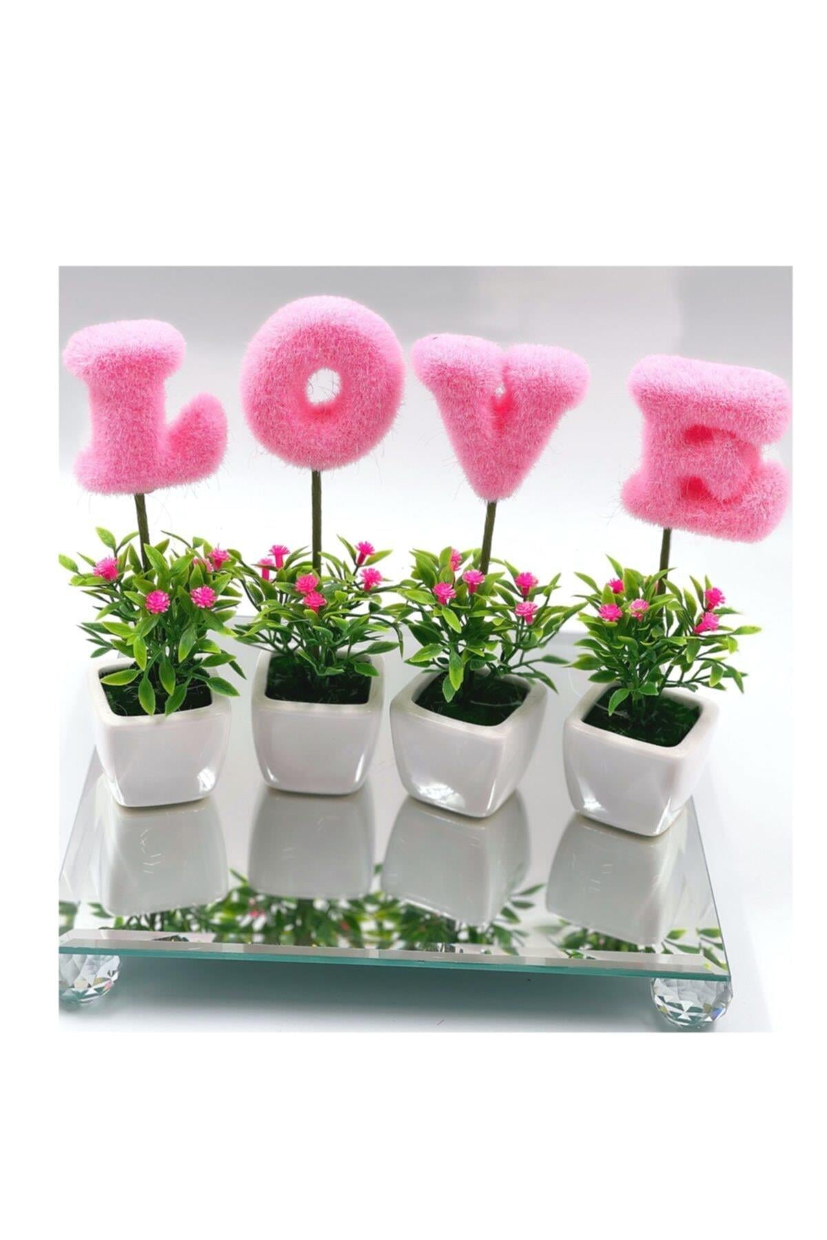 Anneler Günü Sevgiliye Hediye Love Aşk Porselen Saksılı Yapay Çiçek Dekorasyon Seti Pembe