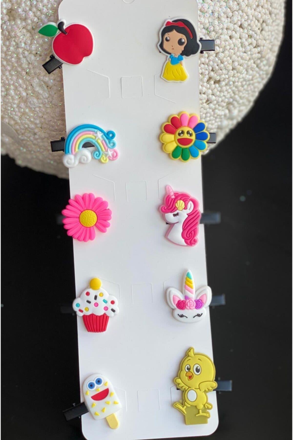 Bebek Çocuk Pembe 10 Lu Mini Figürlü Prenses Çiçek Meyve Unicorn Dondurma Gökkuşağı  Toka Seti No2
