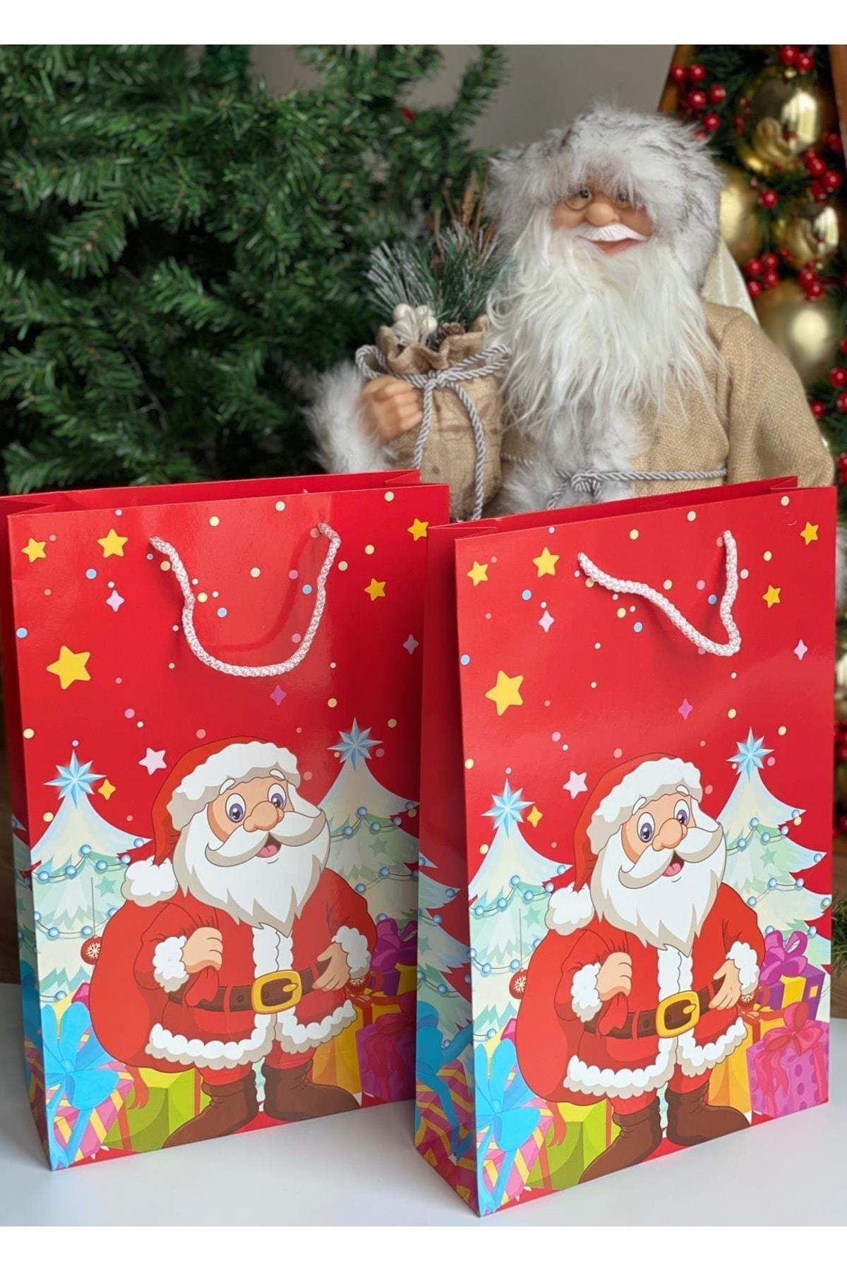 Büyük Parlak Karton Noel Baba Çam Ağacı Yılbaşı Desenli Hediye Paketi Çanta Poşet 2li