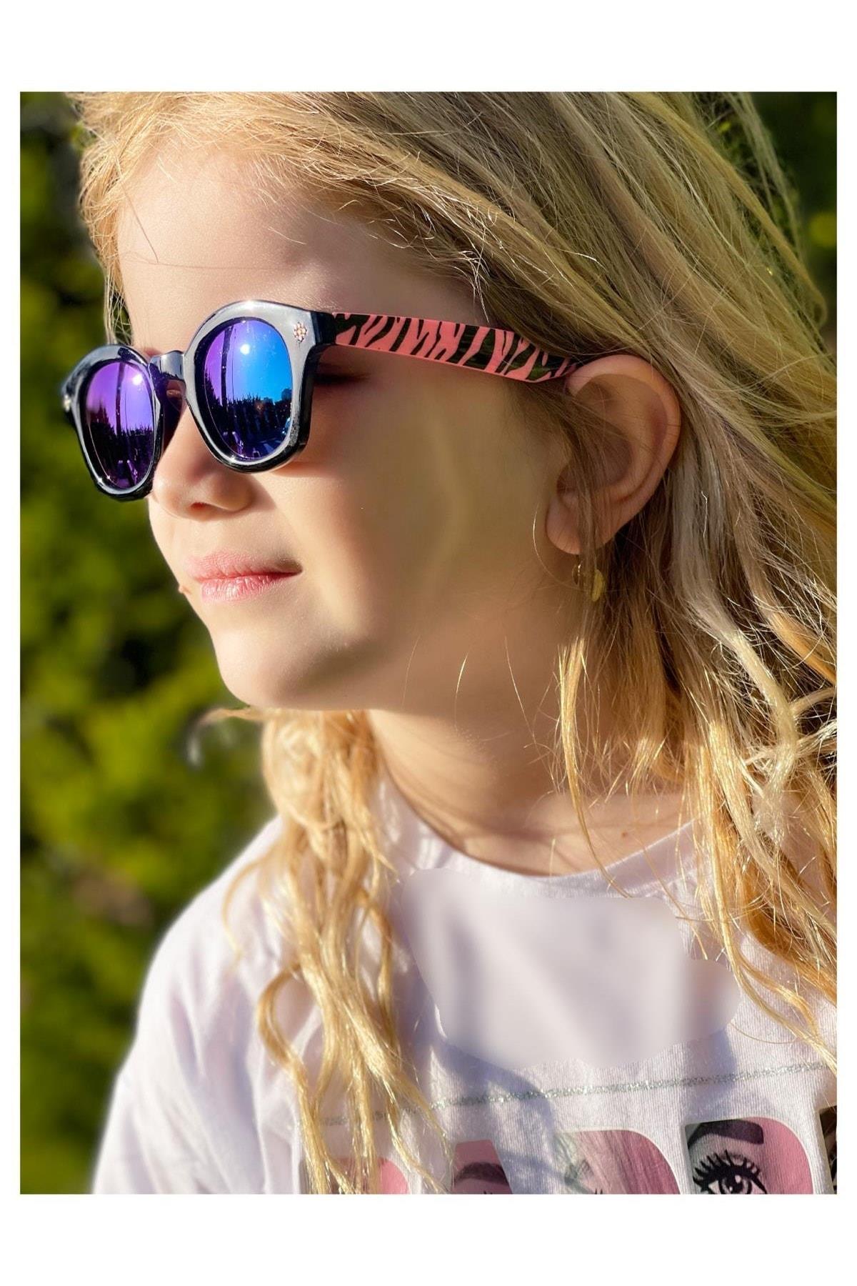 d Moda Lüks Siyah Ayna Camlı Pembe Zebra Desenli Kız Çocuk Uv400 Koruma Güneş Gözlüğü