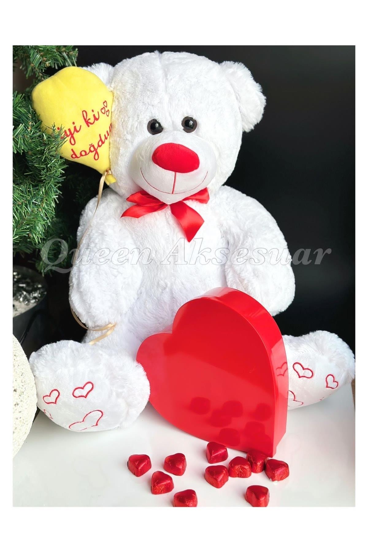 Dev Boy 85cm Sevimli Beyaz Peluş Ayıcık Iyi Ki Doğdun Doğum Günü Balonlu Ayı Kırmızı Kalp Çikolata