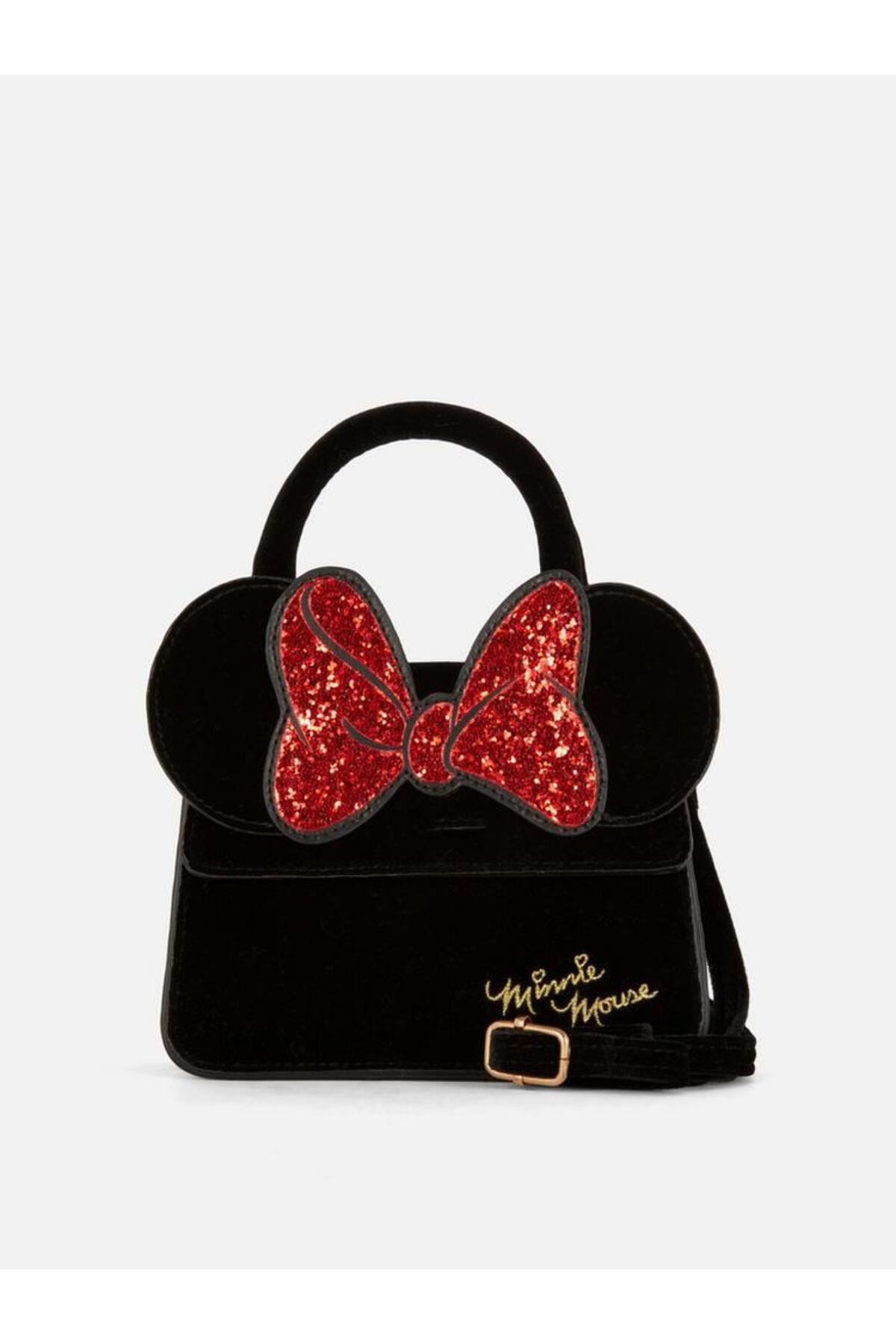 İthal Disney Minnie mouse lüks simli fiyonklu süet kadife kol askılı çocuk çanta