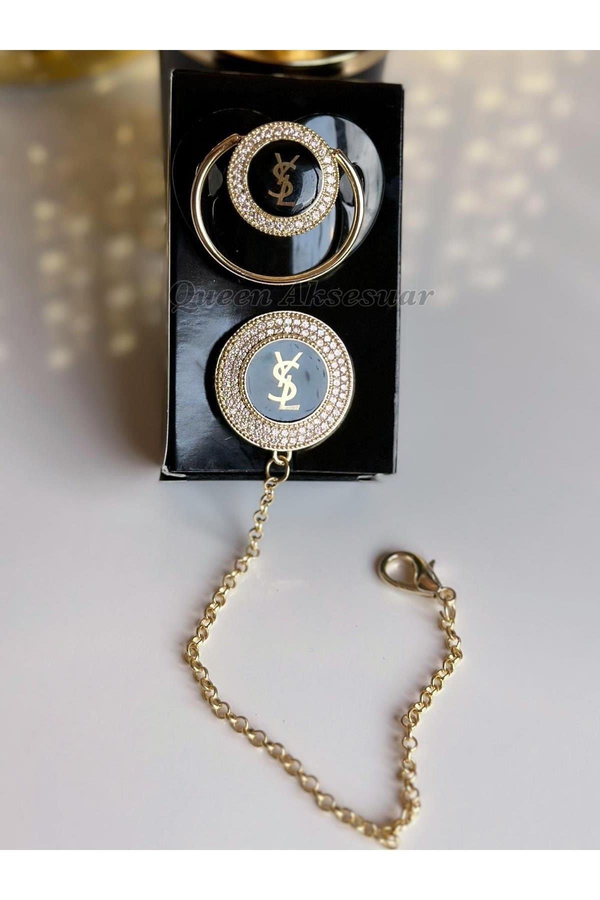 Ithal Lüks Trend Marka Logo Siyah Kız Bebek Kristal Swarovski Taşlı Emzik Zincirli Hediye Seti Siyah