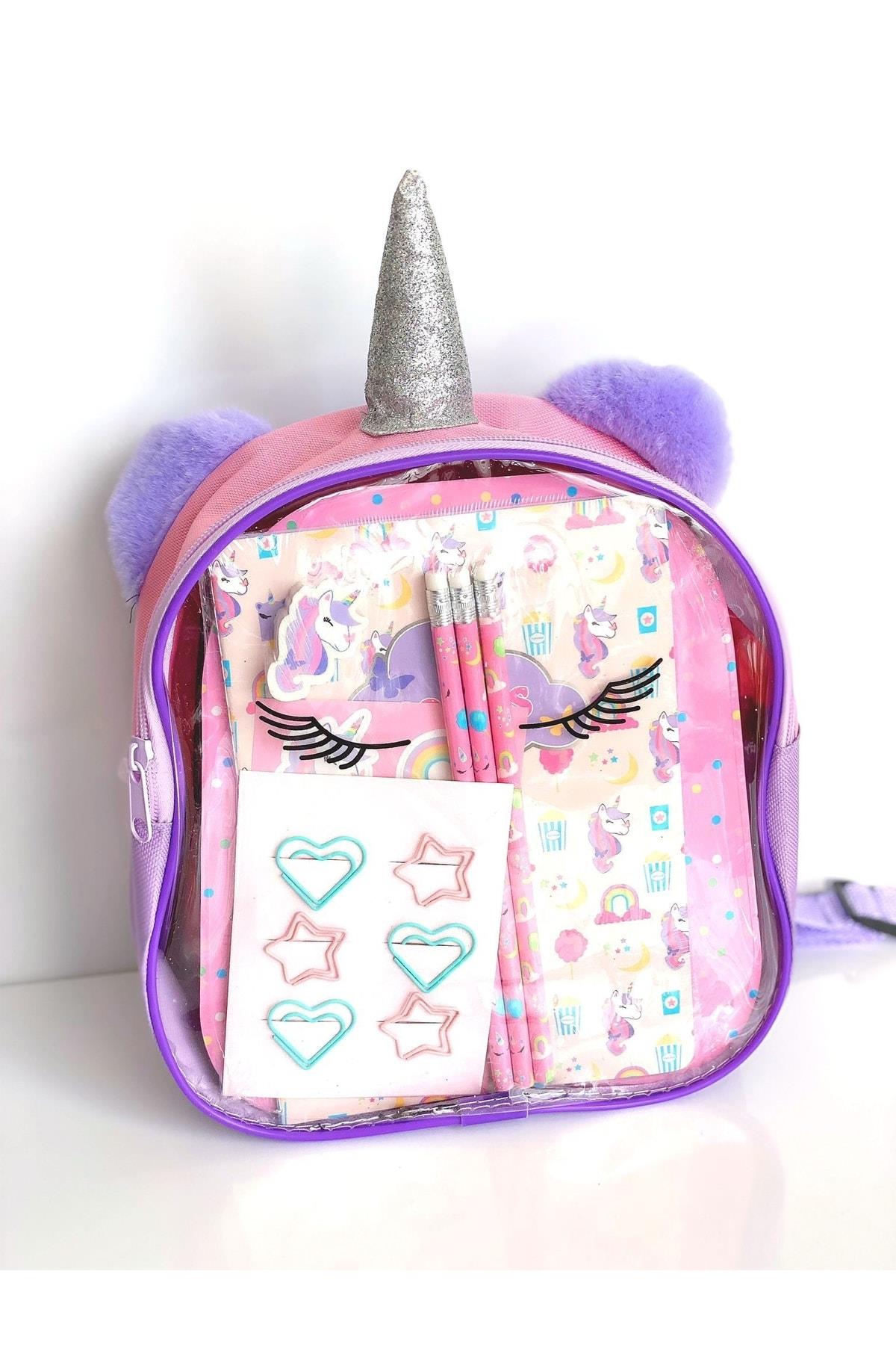 Ithal Unicorn Simli Boynuzlu Çantalı Defter Kalem Kırtasiye Okul Seti Pembe Mor