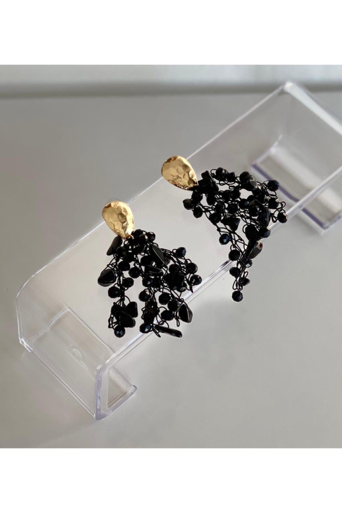 Kadın Siyah Doğal Taş Kristal Sarkıt Gold Altın Kaplama Uzun Küpe