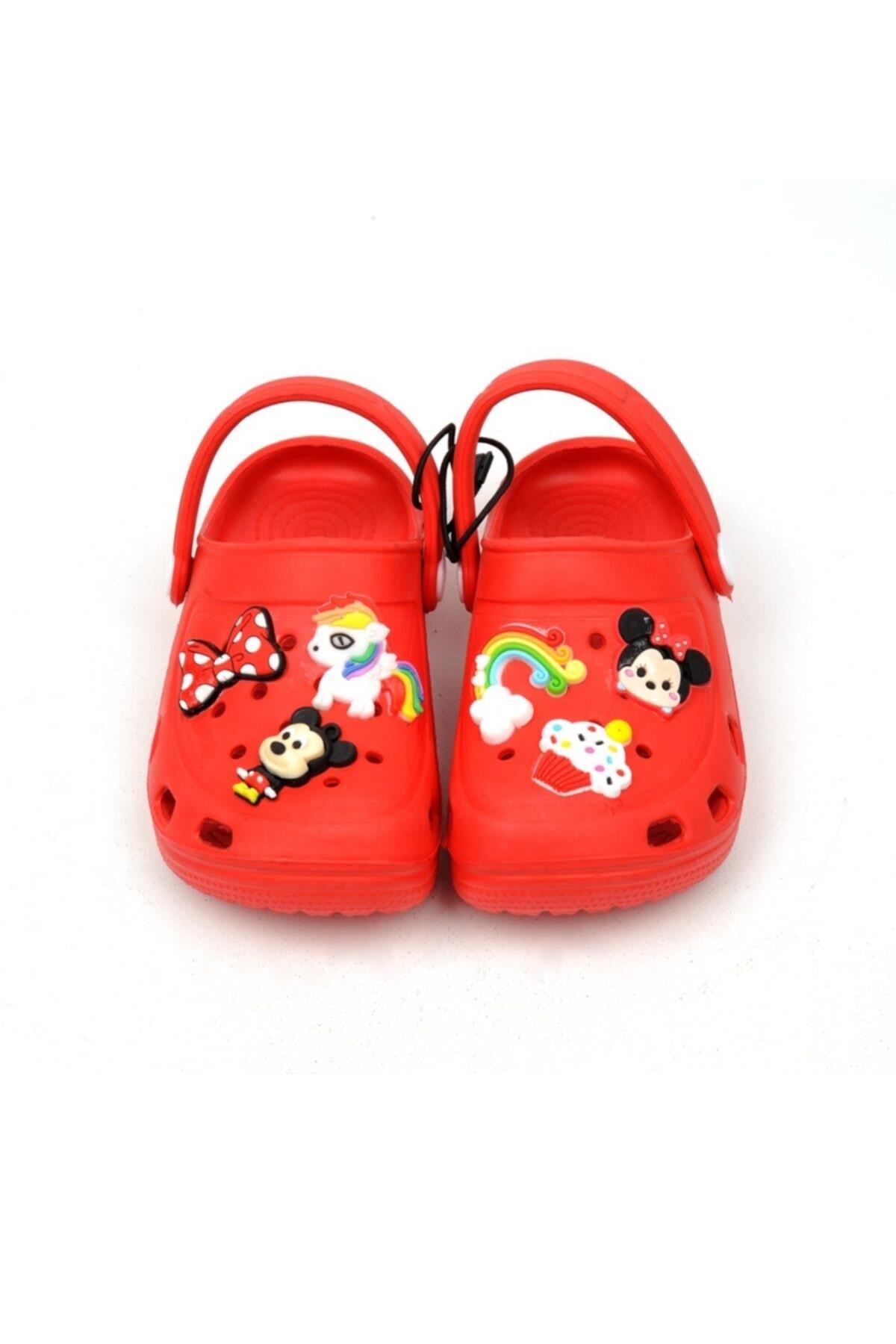 Kırmızı Crocs Tarz Model Sandalet Minnie Mickey Gökkuşağı Süslü  Terlik