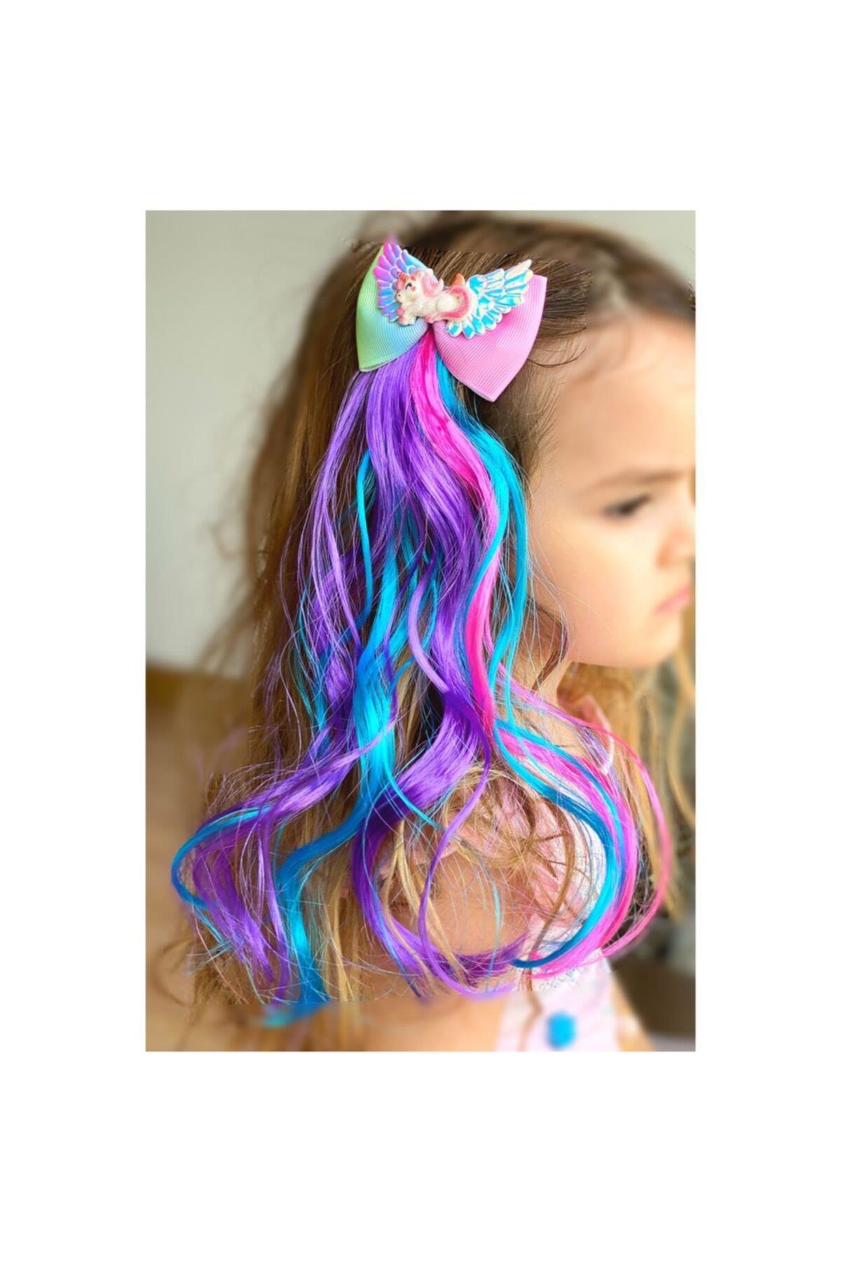 Kız Çocuk Mor Simli Unicorn Gür Dalgalı Gökkuşağı Pensli Toka