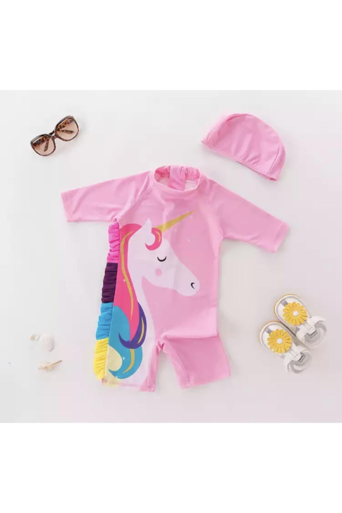 Kız Çocuk Pembe  Unicorn Uv Korumalı  Mayo Seti 5-6 Yaş