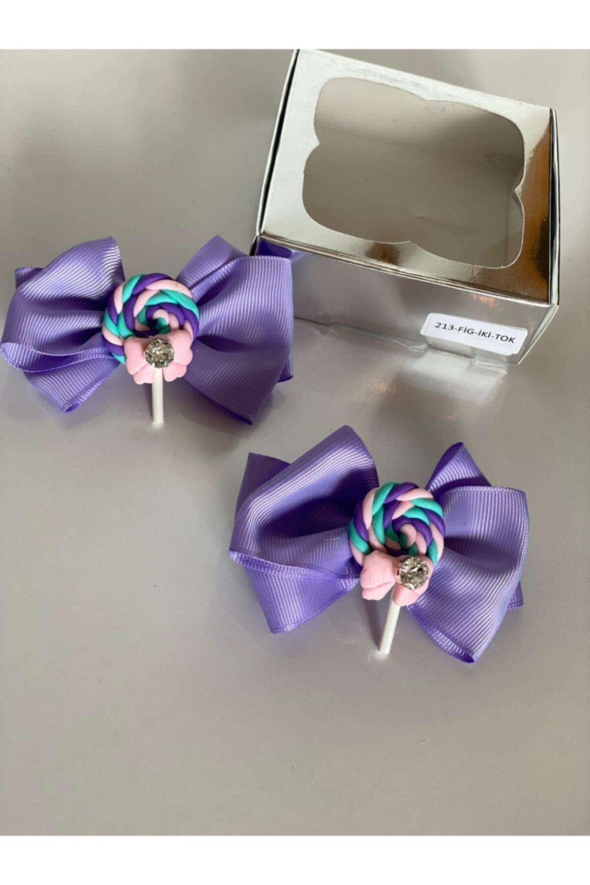 Lila 2' Li Mini Lolipop Süslü Kız Çocuk Bebek Doğum Günü Hediye Pensli Toka