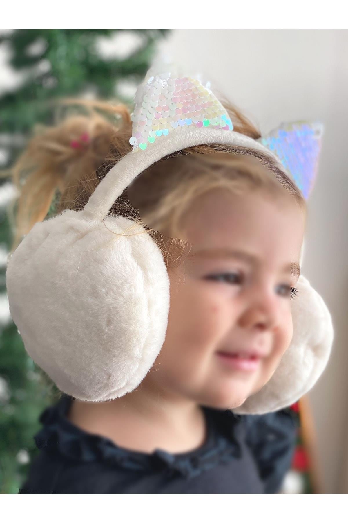 Lüks Pullu Parlak Kedi Kulaklı Peluş Kulaklık Çocuk Yetişkin Kulaklığı Beyaz