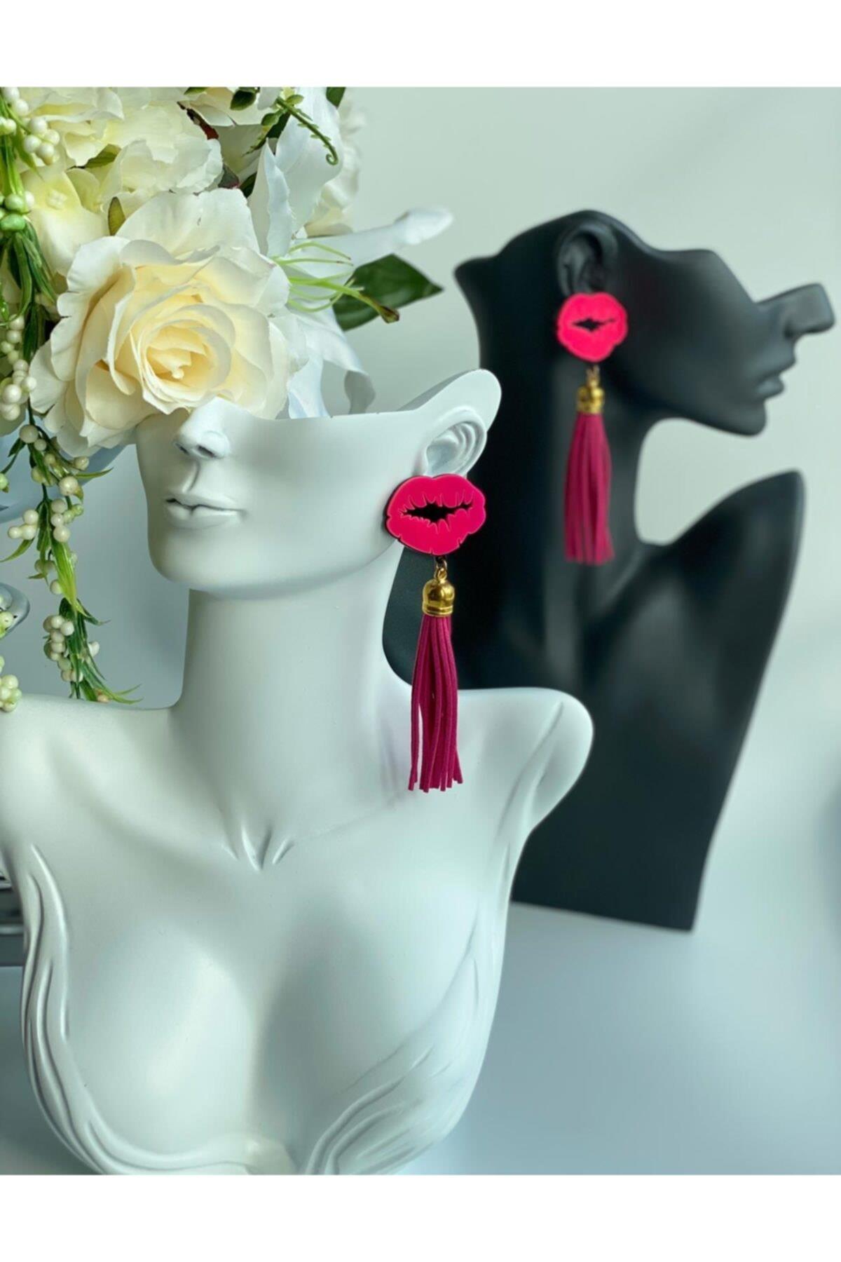 Lüks Trend Moda Dudak Öpücük Püsküllü Uzun Sarkıt Küpe Pembe