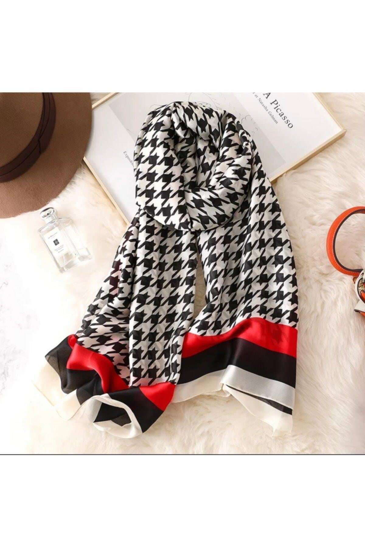 Lüks Trend Moda Kazayağı Siyah Beyaz Kırmızı Ipek Eşarp Şal Başörtü 90x180