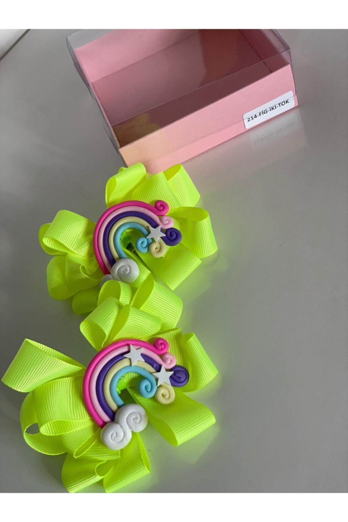 Neon 2' Li Mini Sarı Gökkuşağı Süslü Kız Çocuk Bebek Doğum Günü Hediye Pensli Toka