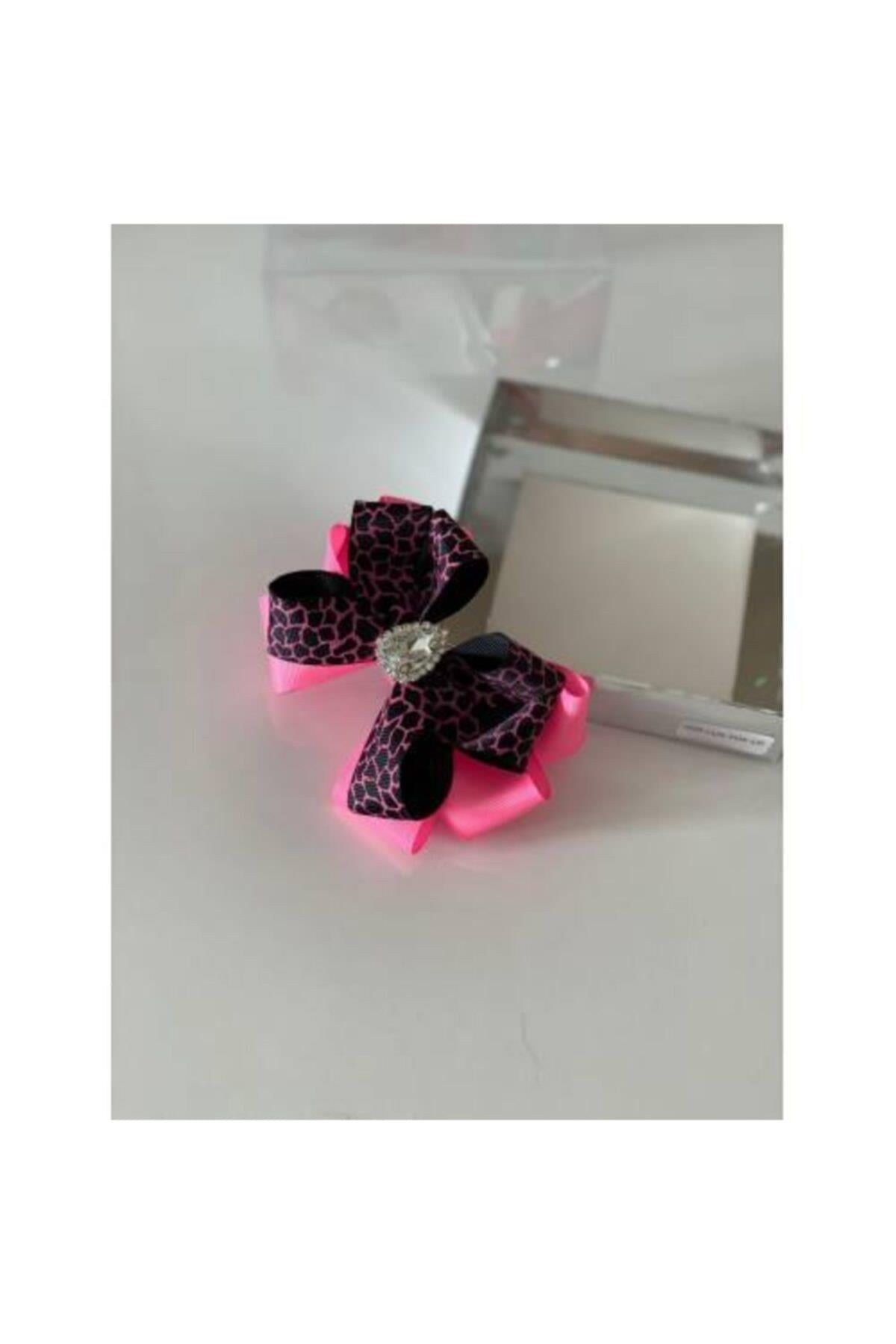 Neon Pembe Leoparlı Kristal Taşlı Anne Kız Çocuk Bebek Hediye Klipsli Toka