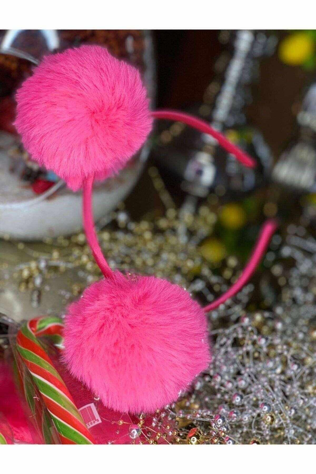 Neon Şeker Pembe Pon Pon Çocuk Tacı Ponpon Taç