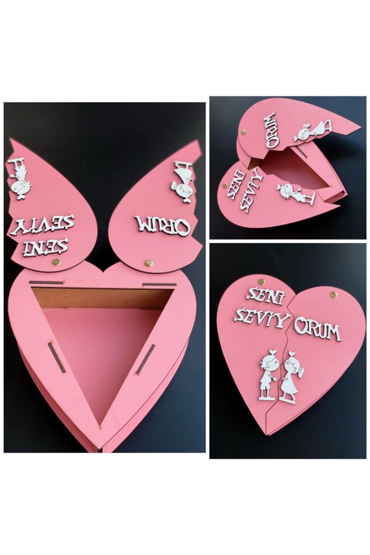 Özel Ahşap Lazer Kesim Seni Seviyorum Kapaklı Hediye Kutusu Pembe