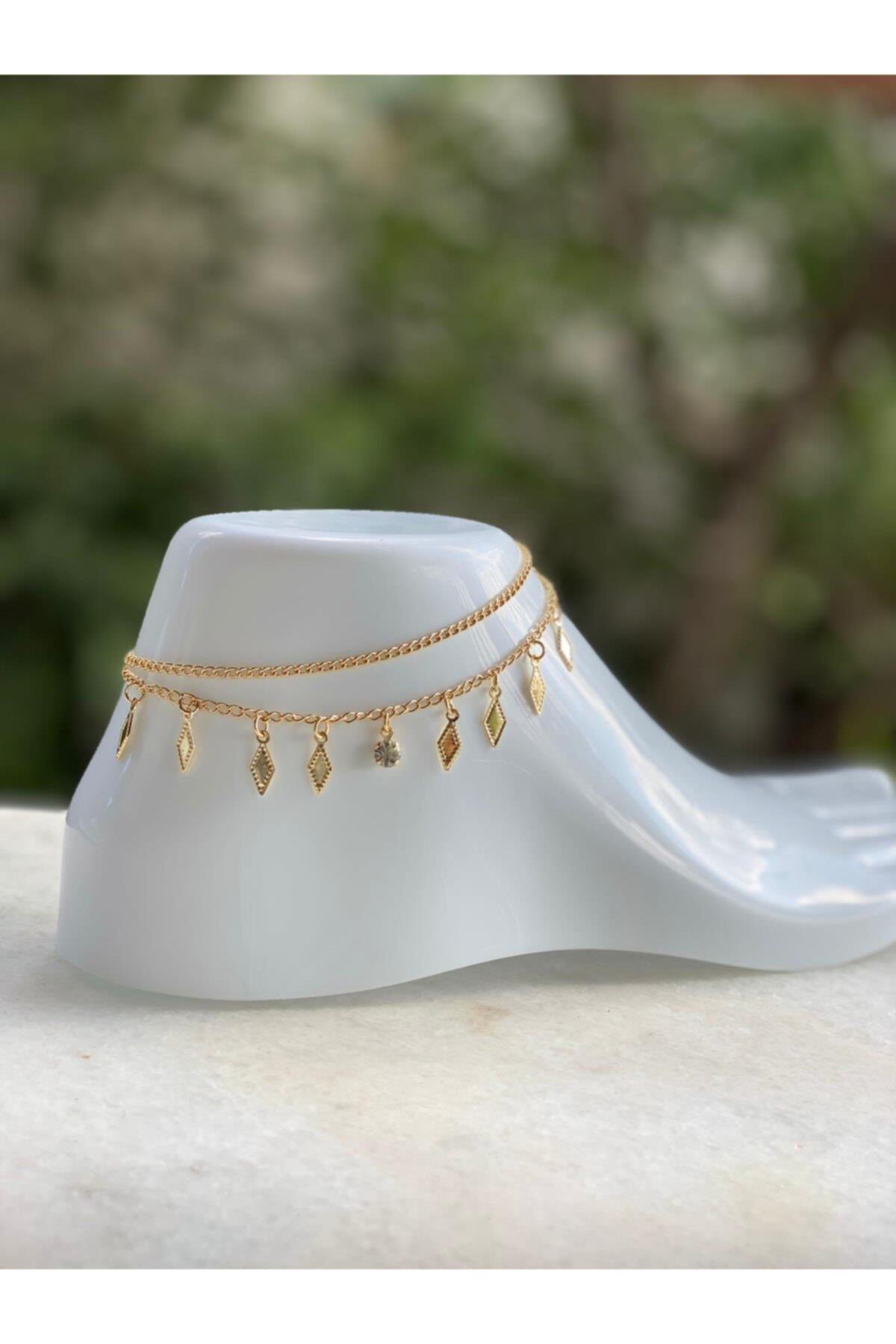 Özel Moda Trend Kristal Taşlı Ince Çift Zincirli Sarkıt Halhal