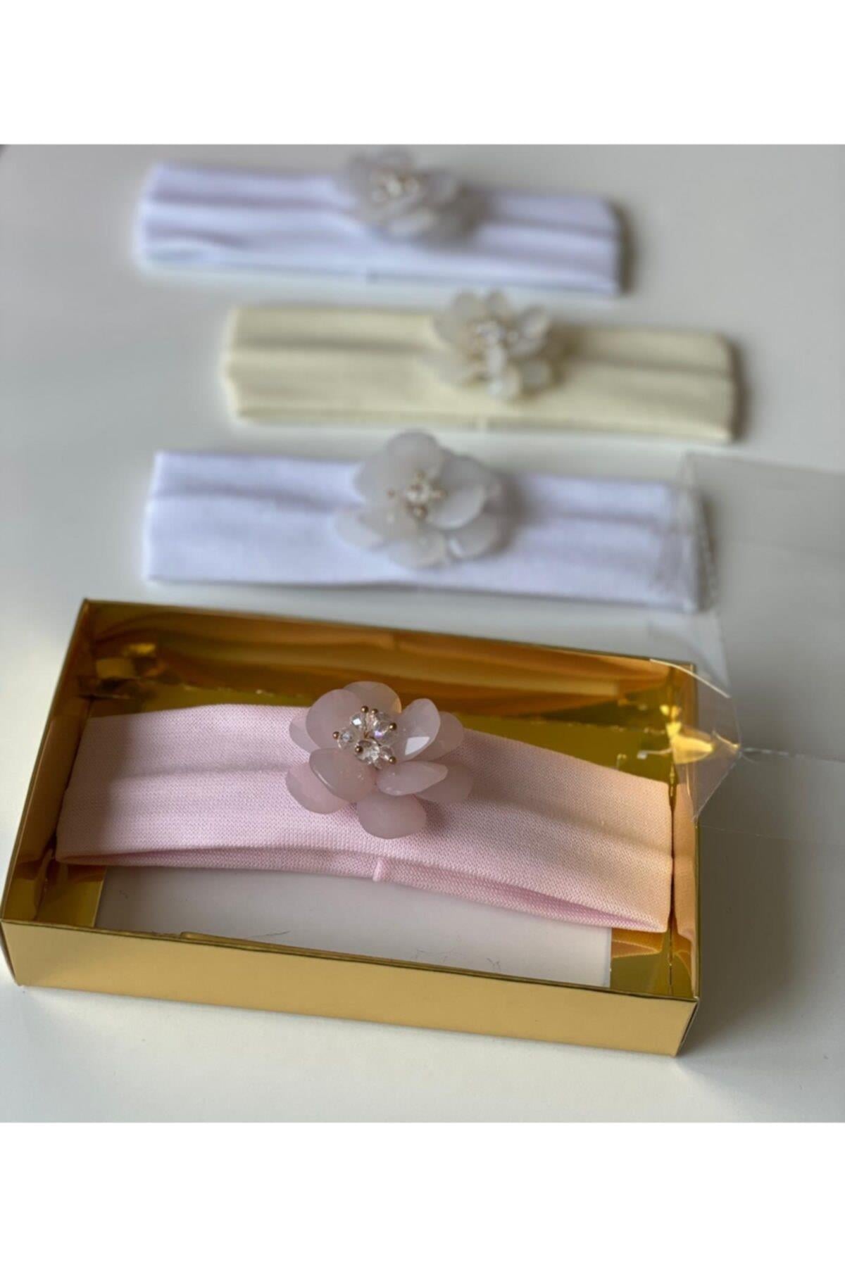 Pembe Kristal Çiçek Broşlu Bebek Saç Bandı