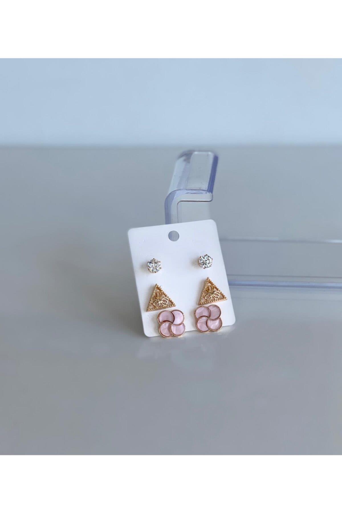 Sedefli Pembe Üçgen 3 Lü Zikron Taşlı Altın Gold Renk Küpe Seti