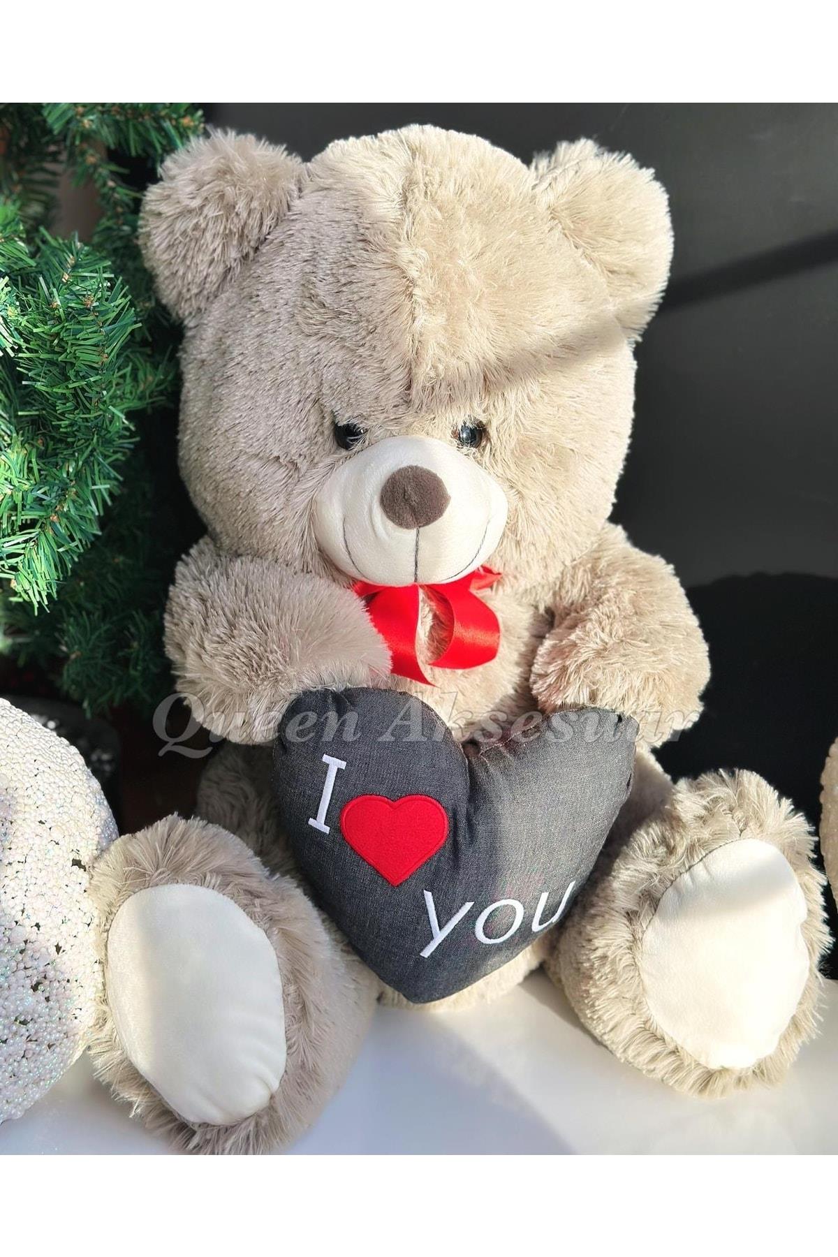 Sevgililer Günü Özel Lüks Dev Peluş Sevimli I Love You Yazılı Kalp Kalpli Oyuncak Ayıcık 70cm Gri