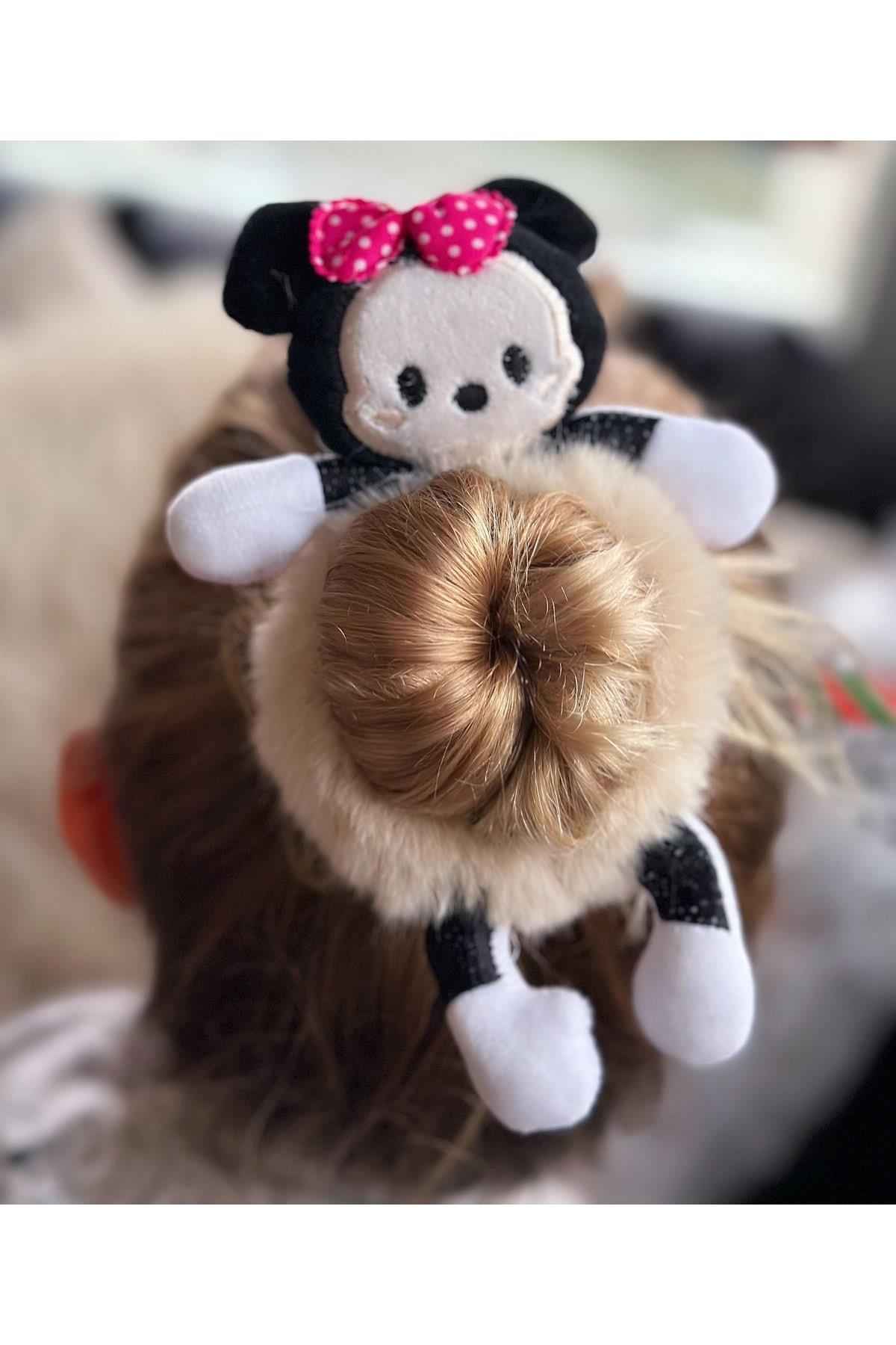 Sevimli 3d Boyutlu Oyuncak Peluş Tüylü Büyük Minnie Mouse Fare Toka Lastikli Kadın Çocuk Kahve Bej