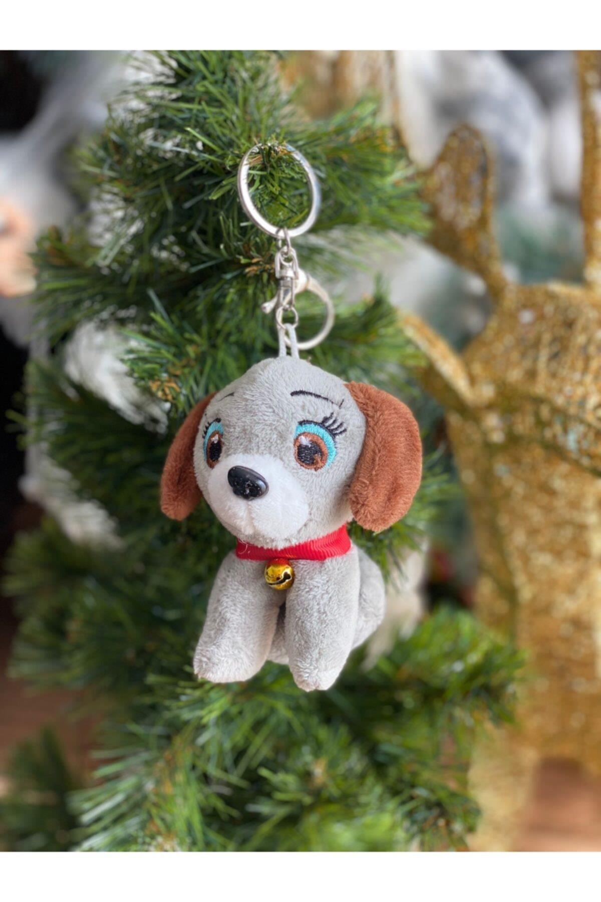 Sevimli Peluş Zilli Pofuduk Köpek Anahtarlık Gri Puppy
