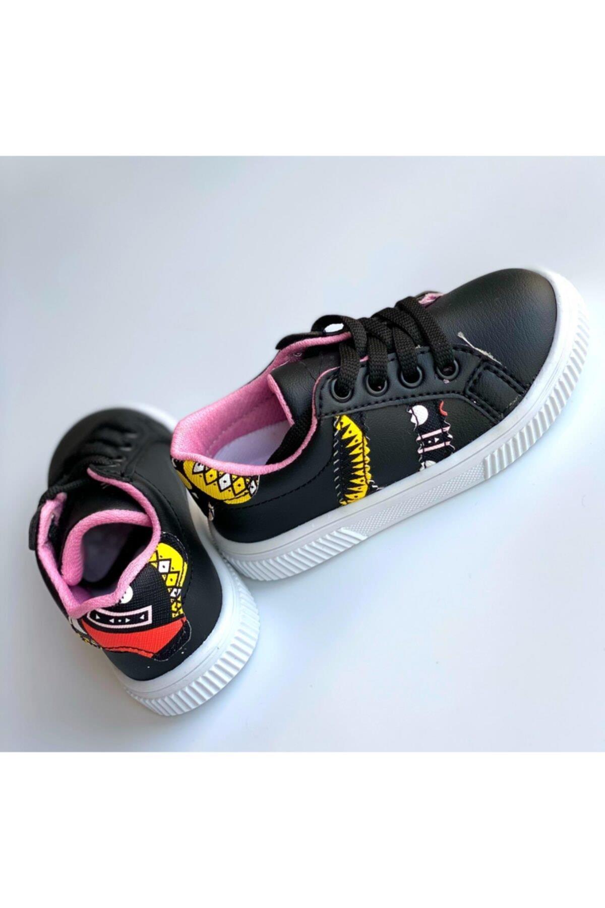 Tarz Moda Siyah Geometrik Desenli Cırtlı Unisex Bebek Çocuk Sneaker Spor Ayakkabı