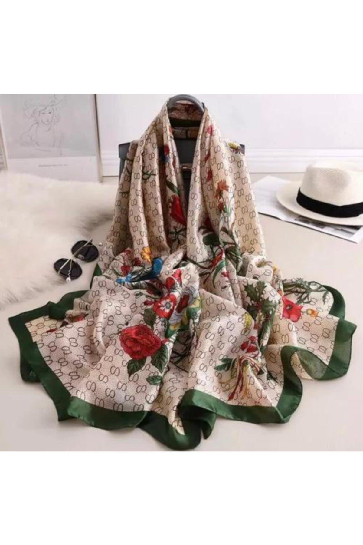 Trend Moda Çiçek Desenli Yeşil Ipek Eşarp Şal 90x180