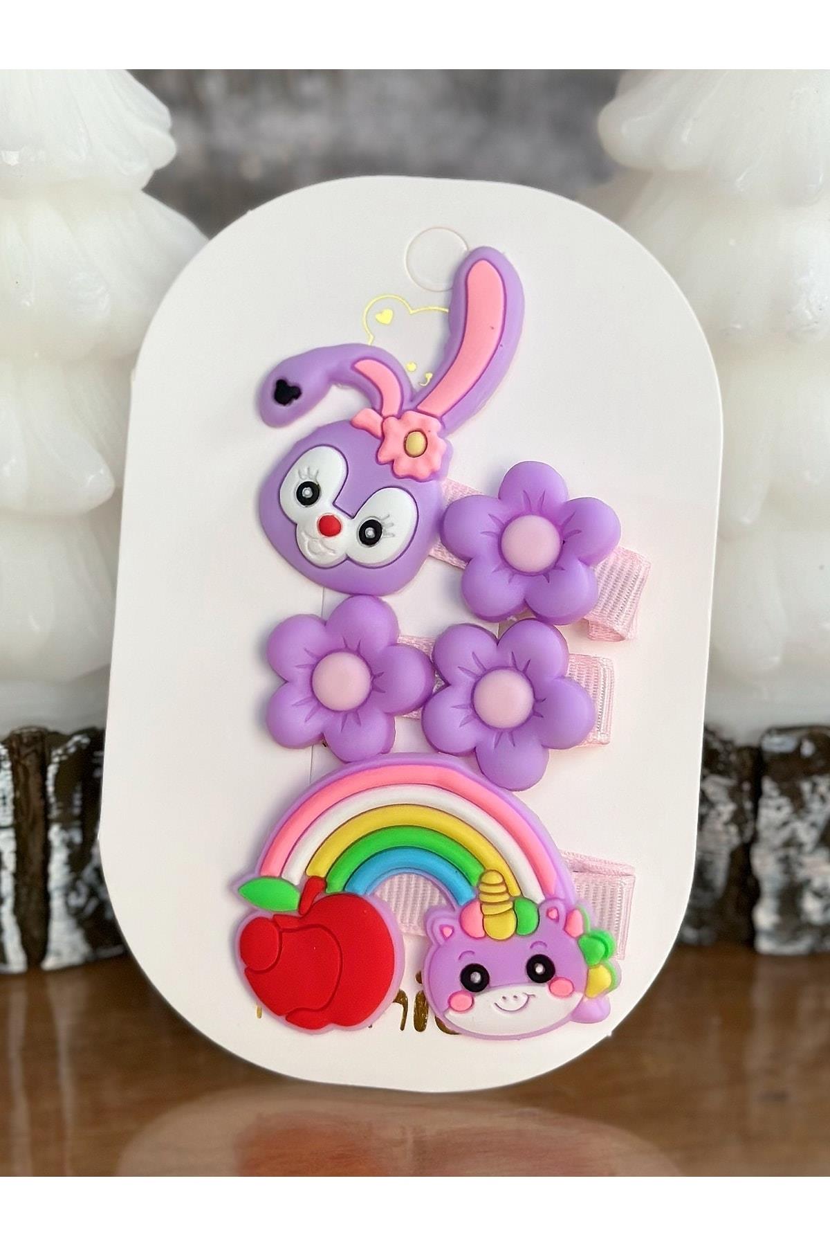 Trend Moda Çocuk Bebek Pensli Klipsli Toka Seti Gökkuşağı Tavşan Unicorn Çiçekli Lila Mor