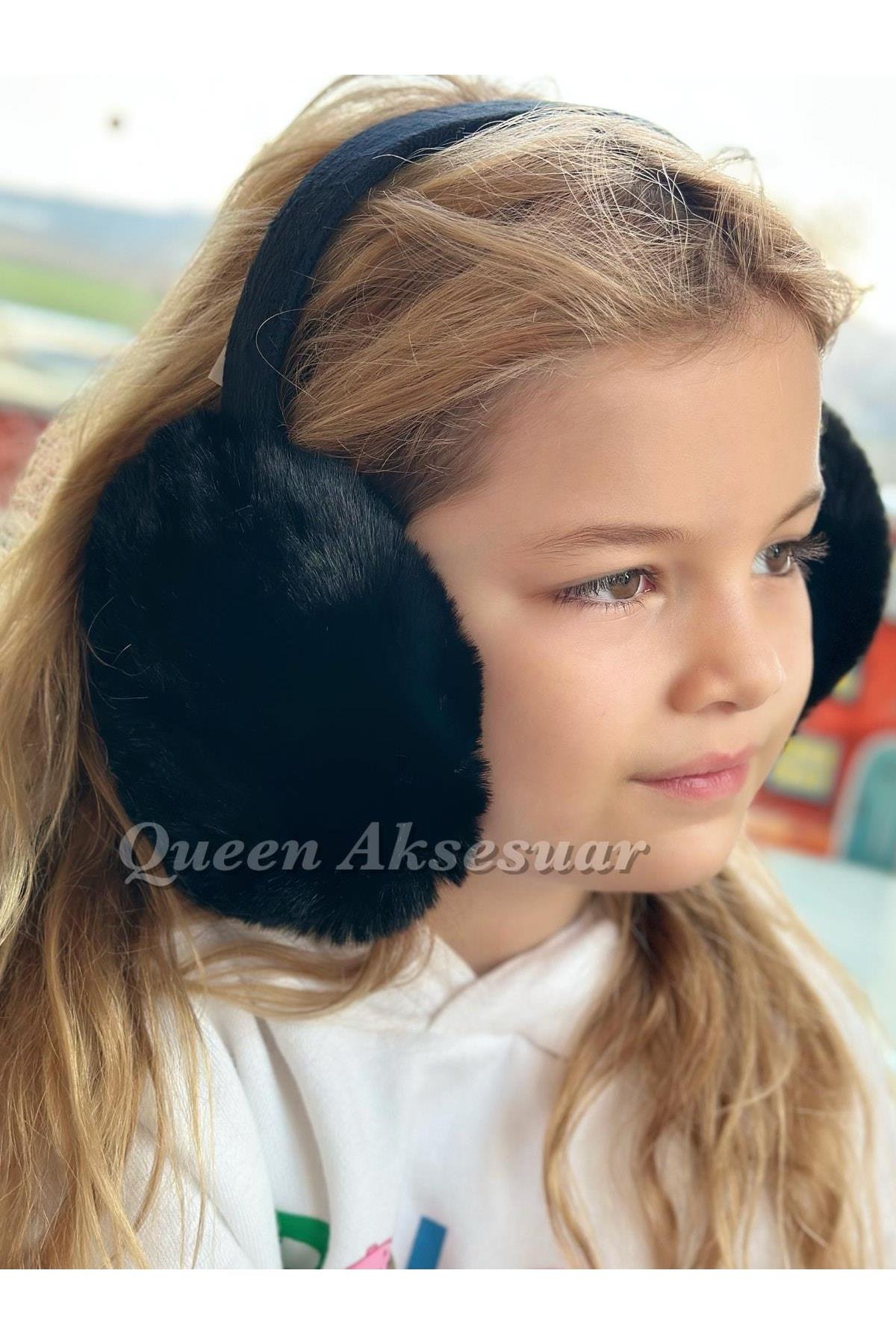 Trend Moda Lüks Ithal Kürklü Tüylü Peluş Katlanır Kulaklık Kadın Yetişkin Genç Kulaklığı Koyu Siyah