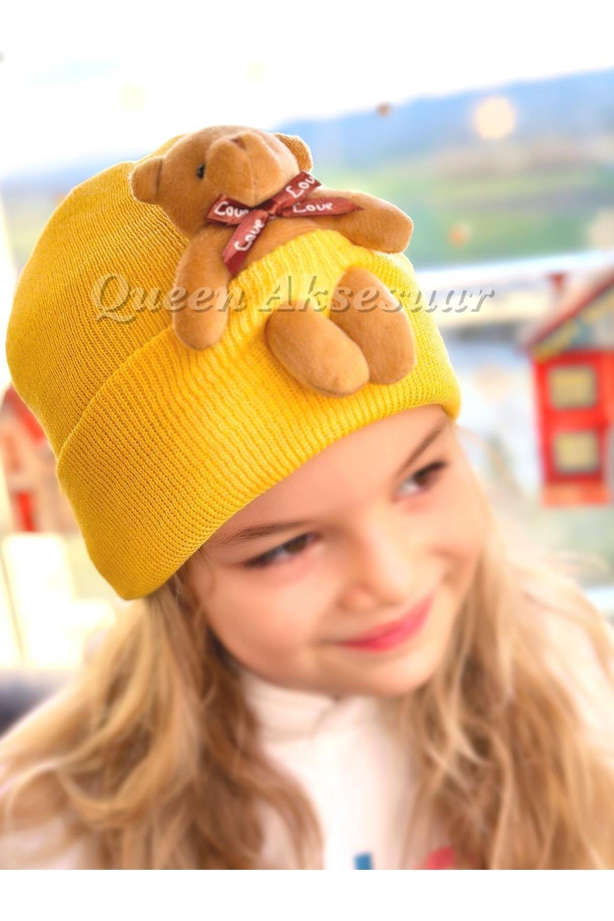 Trend Moda Özel Tasarım Sevimli Peluş Ayıcıklı Yetişkin Erkek Kız Unisex Çocuk Şapkası Sarı Şapka