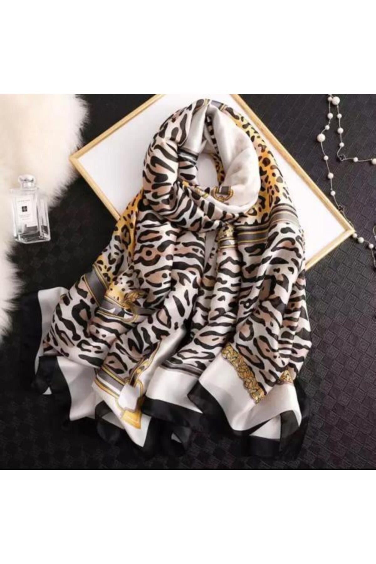 Trend Moda Siyah Altın Leopar Zincir Desenli Ipek Eşarp Şal 90x180
