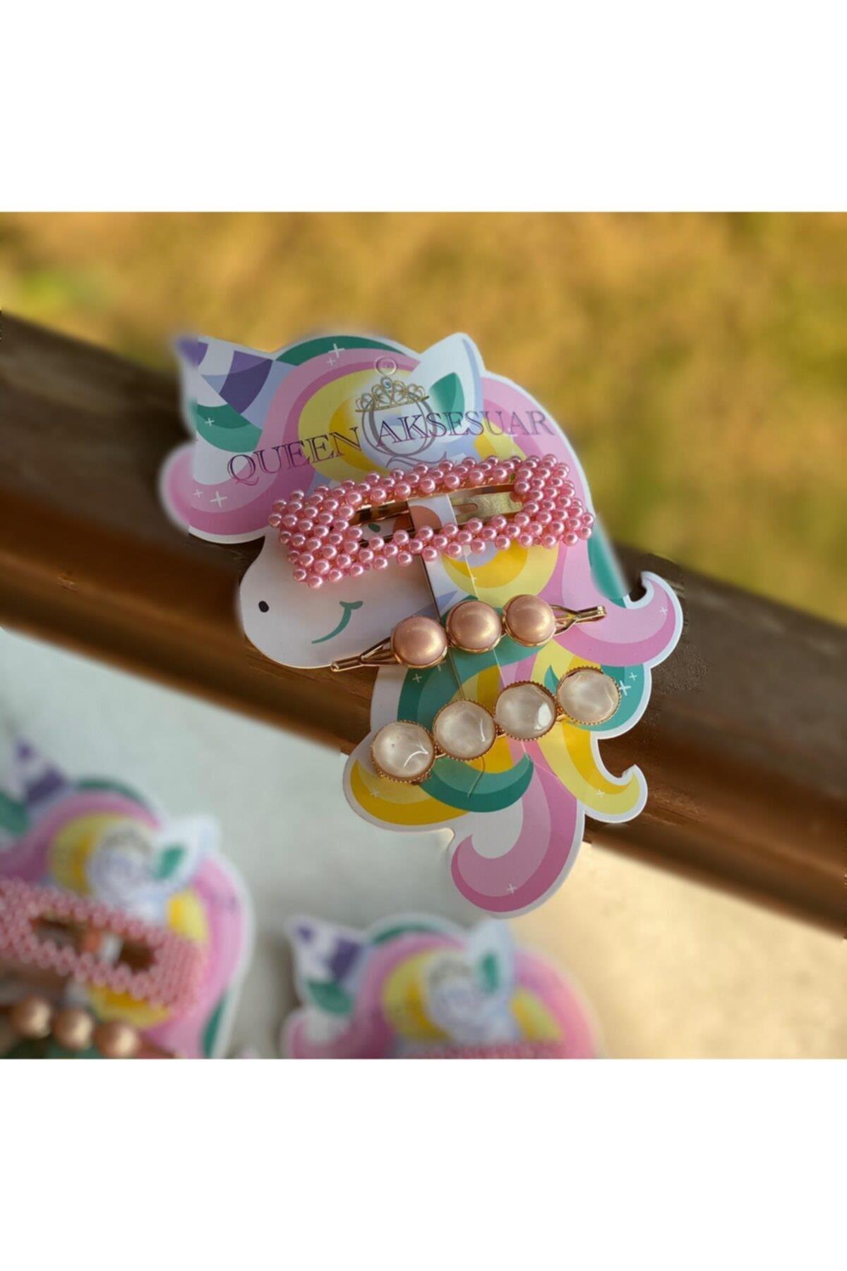 Trend Moda Yeni Taşlı Parlak Incili Pembe Yan Toka Set
