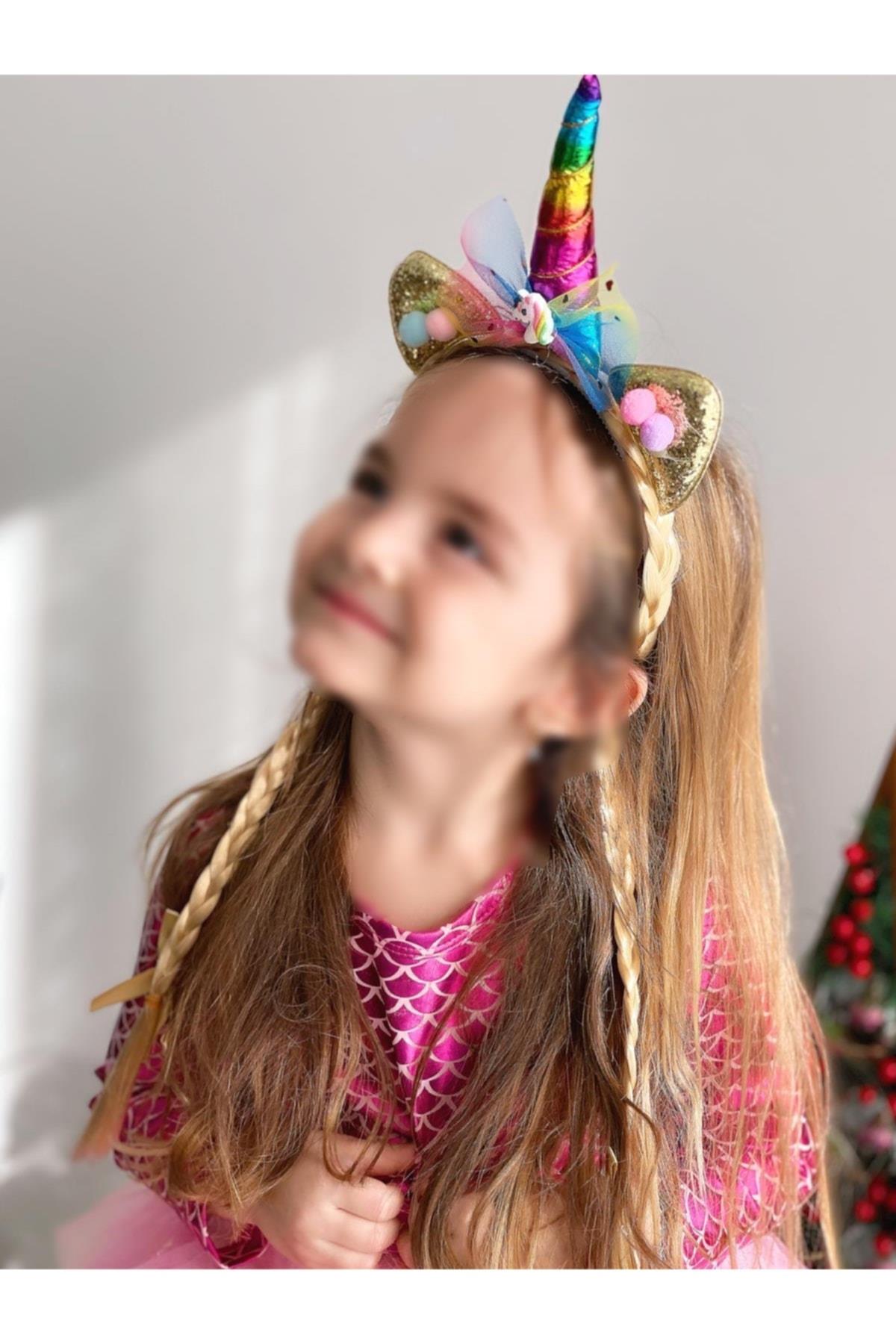 Unicorn Boynuzlu Postiş Örgü Uzun Rapunzel Saçlı Simli Çocuk Tacı Doğum Günü Kostüm Taç Sarı