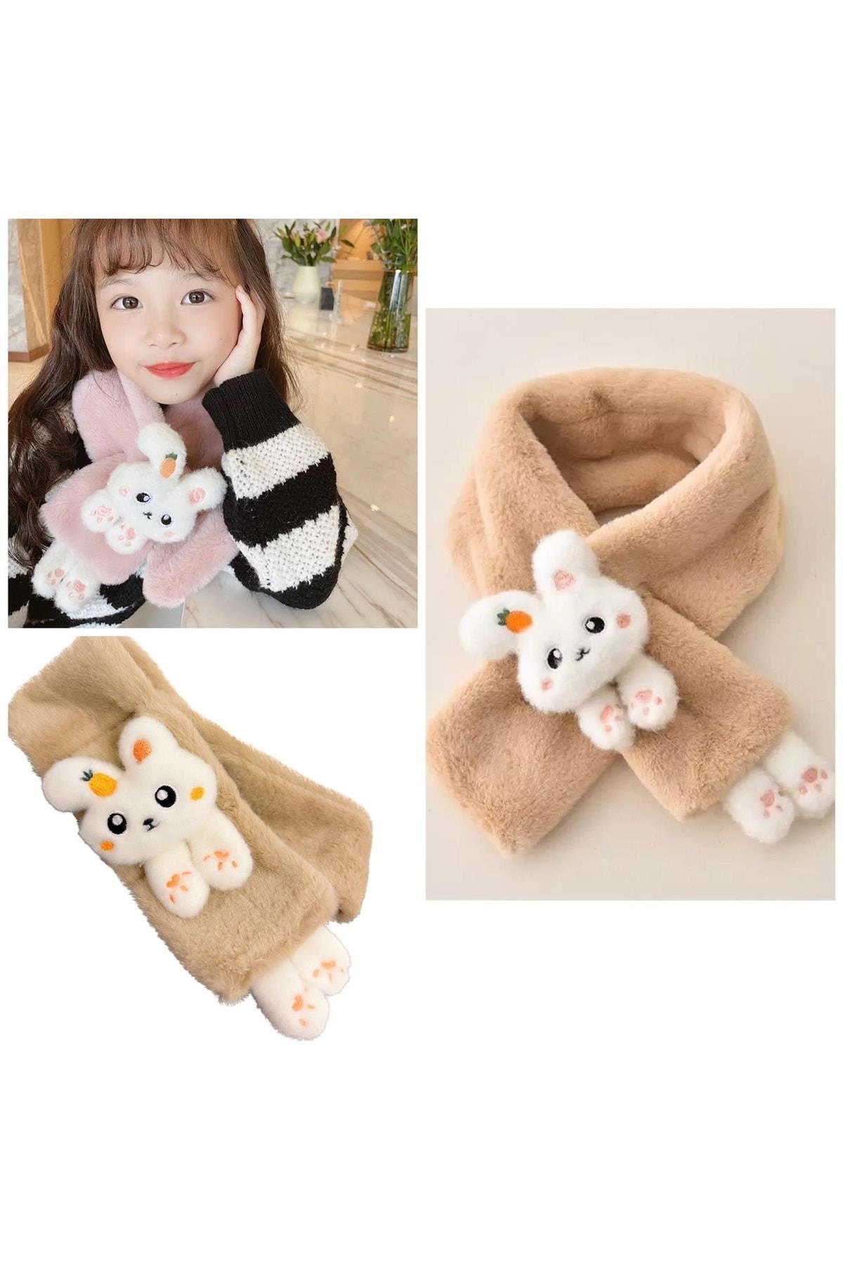 Yeni Moda Sevimli Oyuncak Tavşan 1-15 Yaş Çocuk Tüylü Peluş Kaşmir Atkı Boyunluk Sütlü Kahverengi