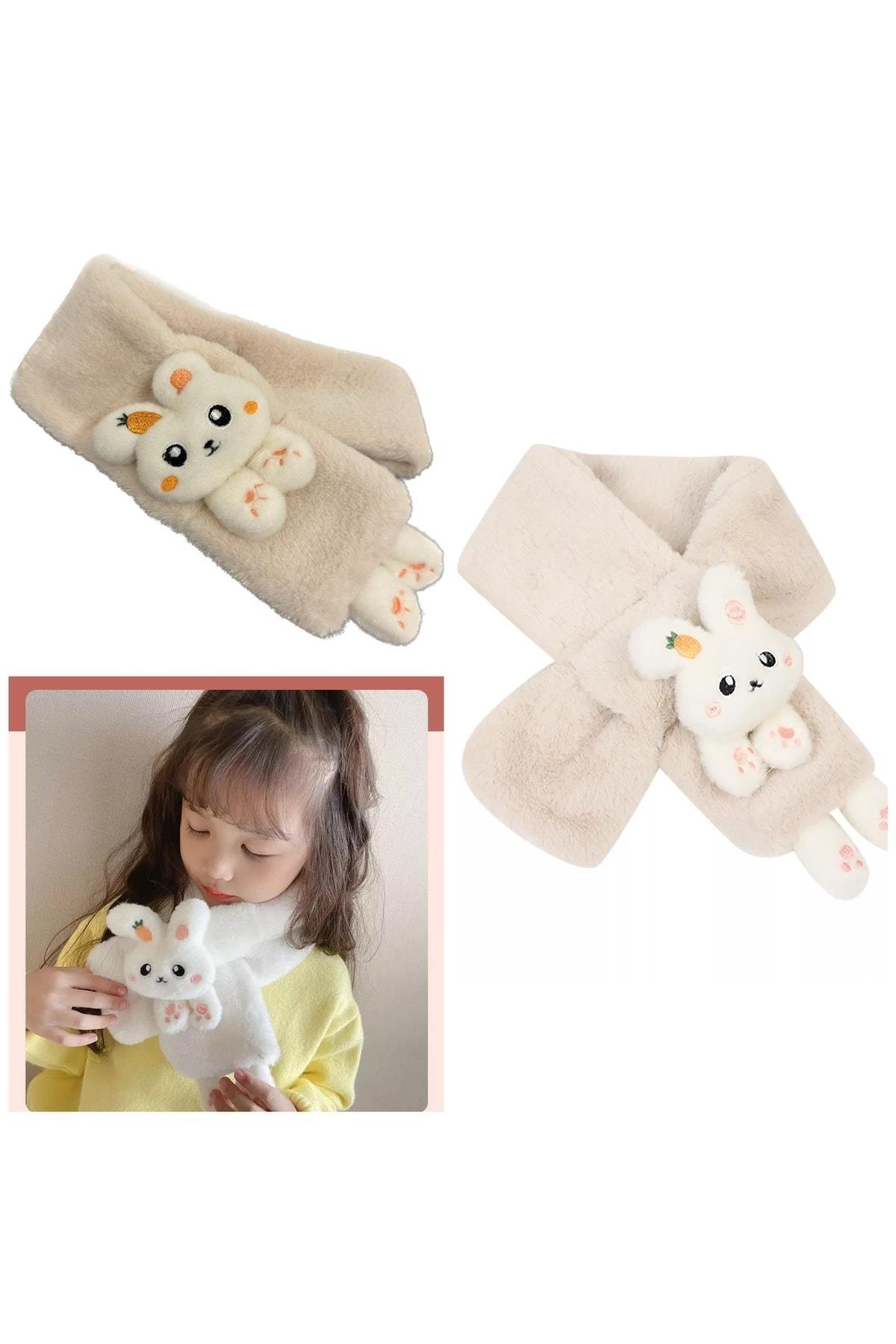 Yeni Moda Sevimli Oyuncak Tavşan 1-15 Yaş Çocuk Tüylü Peluş Kaşmir Atkı Boyunluk Bej Krem
