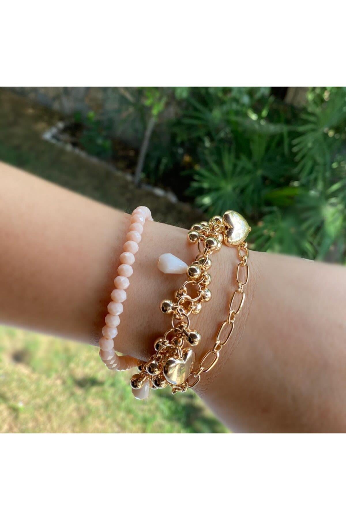 Yeni Moda Trend 3 Lü Gold Altın Inci Zincir Kristal Taşlı Bileklik Kalpli Sarkıt Pudra Pembe