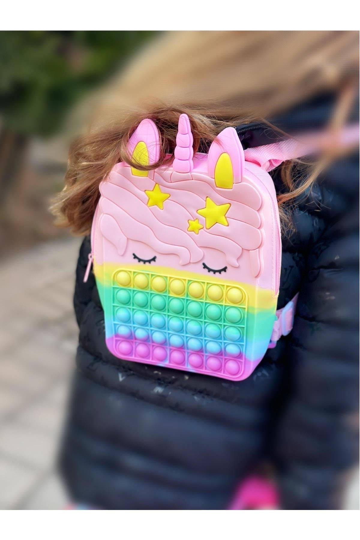 Yeni Moda Trend Pop It Popit Unicorn Gökkuşağı Renkli Büyük Eğlenceli Sırt Çantası Çanta